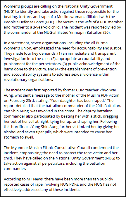 nla0044's tweet image. Women's Groups Call for Action Against Abusive #NUG Commander
The victim is the wife of a #PDF member and mother to a 3-year-old child. The incident was reportedly led by the commander of the NUG-affiliated #Yinmapin Battalion (20). 
#WhatsHappeningInMyanmar