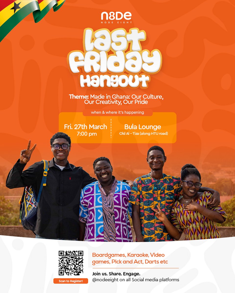 NodeEight's tweet photo. Remember the Ghana we grew up loving — the music, the colours, the games, and the joy of being together?

This month, #LastFridayHangout – Made in Ghana Edition is bringing those memories back to life.

A night where culture meets connection 

#NodeEight 
1/2 https://t.co/oL0Z9X37BP