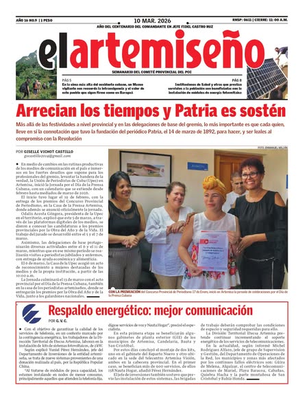 #EdiciónImpresa// La edición 9 del semanario provincial <a href="/DiarioArtemisa/">Periódico Artemisa</a>  está disponible. Esta vez, dedica  su portada a las actividades por el Día de la Prensa,  a  celebrarse este 14 de marzo.#ArtemisaJuntosSomosMás

Más detalles 👇
artemisadiario.cu/2026/03/edicio…

<a href="/GladysArtemisa/">Gladys Martínez Verdecia</a>