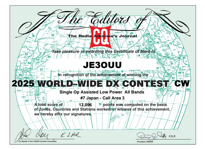 JE3OUUnew's tweet photo. Thanks for 【 #CQWW #DX #Contest #CW 2025 】
Last year 7/14/21/28MHz
4 bands score 12,096(^o^)/
#DXCC Now wkd 120 ‼️
#LoTW 88 VY HAPPY 🥰
I hope to see you next chance & 【 #SSB 2026 】
Thanks again all. 🌍🌏🌎🙏
#AmateurRadio
#HamRadio
#CTESTWIN https://t.co/yKCQc8qD4U