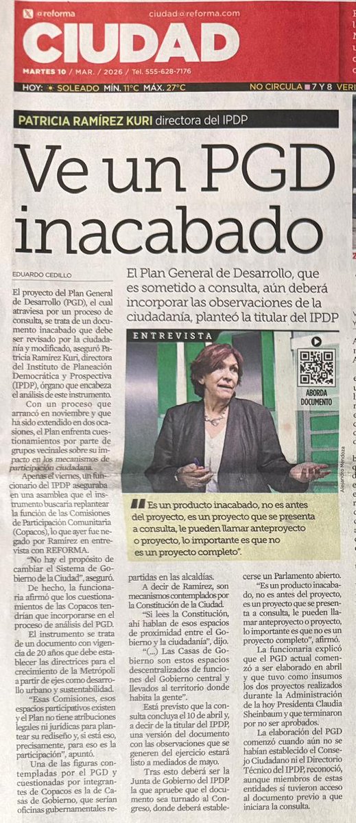 Acepta <a href="/Patricia_RKuri/">Patricia Ramírez Kuri</a> que <a href="/planeacioncdmx/">Instituto de Planeación Democrática y Prospectiva</a> no tiene atribuciones ni legales ni jurídicas para los planteamientos hechos en el #PGD y q no hizo la consulta previa requerida, sino tomó insumos de la anterior administración.  Por ello, debe retirar el documento y reponer el proceso.