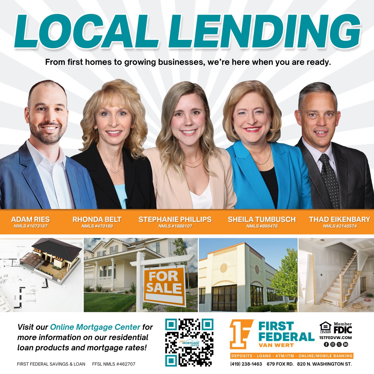 FirstFedVW's tweet photo. #LocalLending - From first homes to growing businesses, you’ll always work with local faces you know and trust. 😀

#Local decisions. Quick answers. Personal service. Connect with our #LendingTeam today!

📞 (419) 238-1463
📍 679 Fox Rd.
📍 820 N. Washington St. https://t.co/OC0eMT9nTN