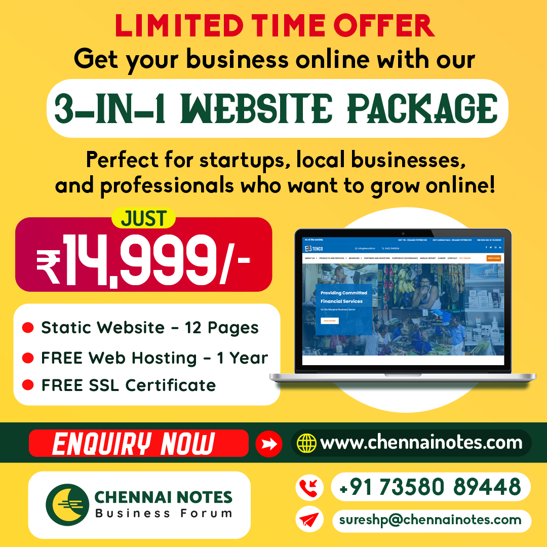 chennainotes's tweet photo. Get your business online with our 3-in-1 Website Package – just ₹14999/-

Contact Chennai Notes today to book your slot!

Website: https://t.co/Qmvf4mAI1Y
Phone: +91 73580 89448

#ChennaiNotes #WebsiteOffer #BusinessOnline #WebDesignChennai #StartupSupport #LimitedTimeDeal #SSL https://t.co/YGbw0UvFRe