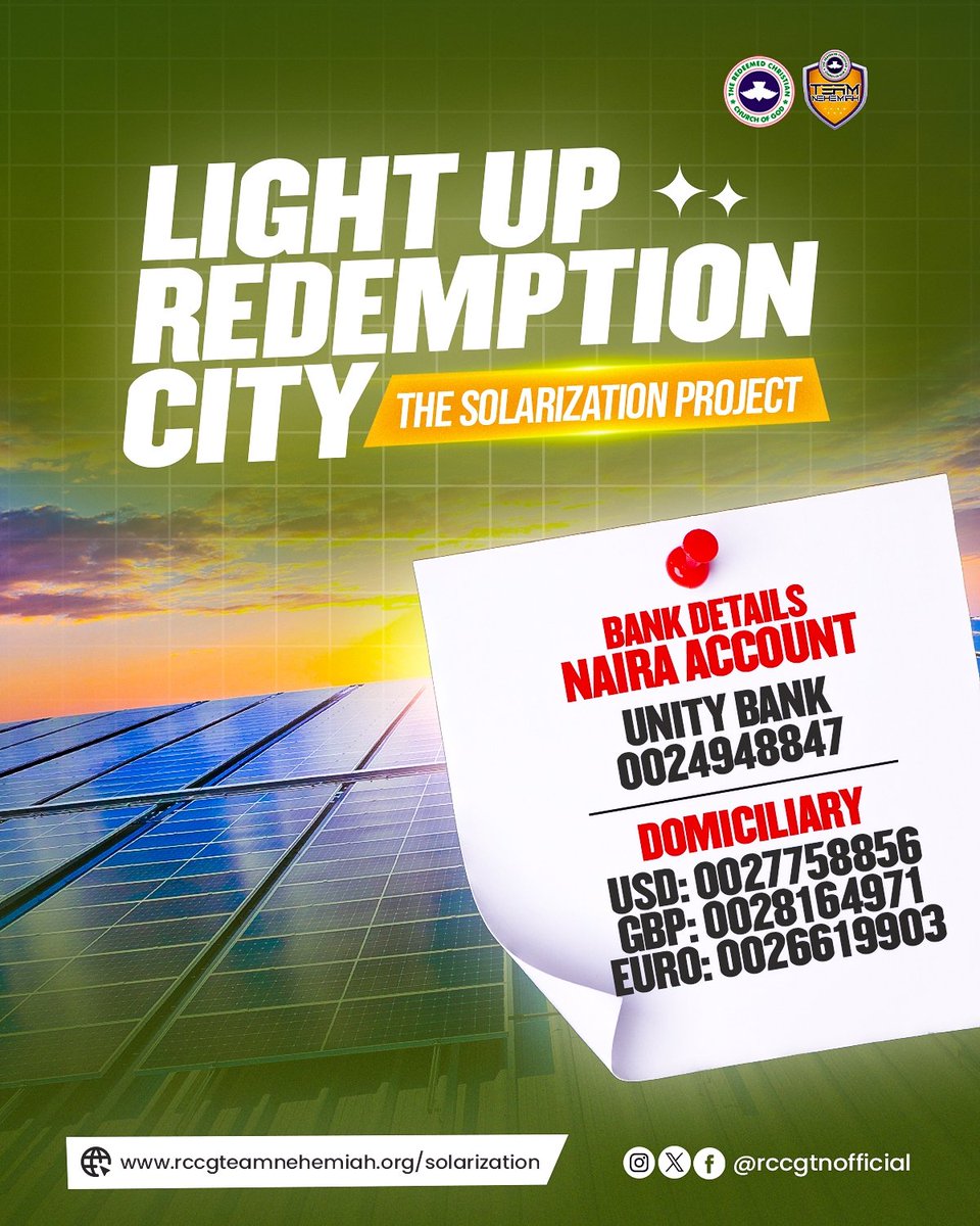 rccgTNofficial's tweet image. Individuals, organizations, and partners are invited to support and contribute toward this transformational initiative. 

For partnership or donation details, please connect through the provided channels.
#LightUpRedemptionCity #Excellence