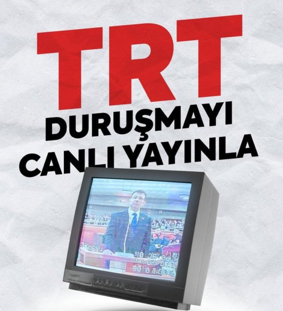 Kamuoyunun herşeyi bilmesi için, duruşmalar kamu kanalı <a href="/trt/">TRT</a>'den canlı yayınlansın. 

Ama yapamazlar.

Üstelik Ekrem İmamoğlu'nun 2 gram bile suçu olsa tüm yandaş kanallarından 7/24 canlı yayınlarlardı mahkemeyi....

Durum bundan ibaret.