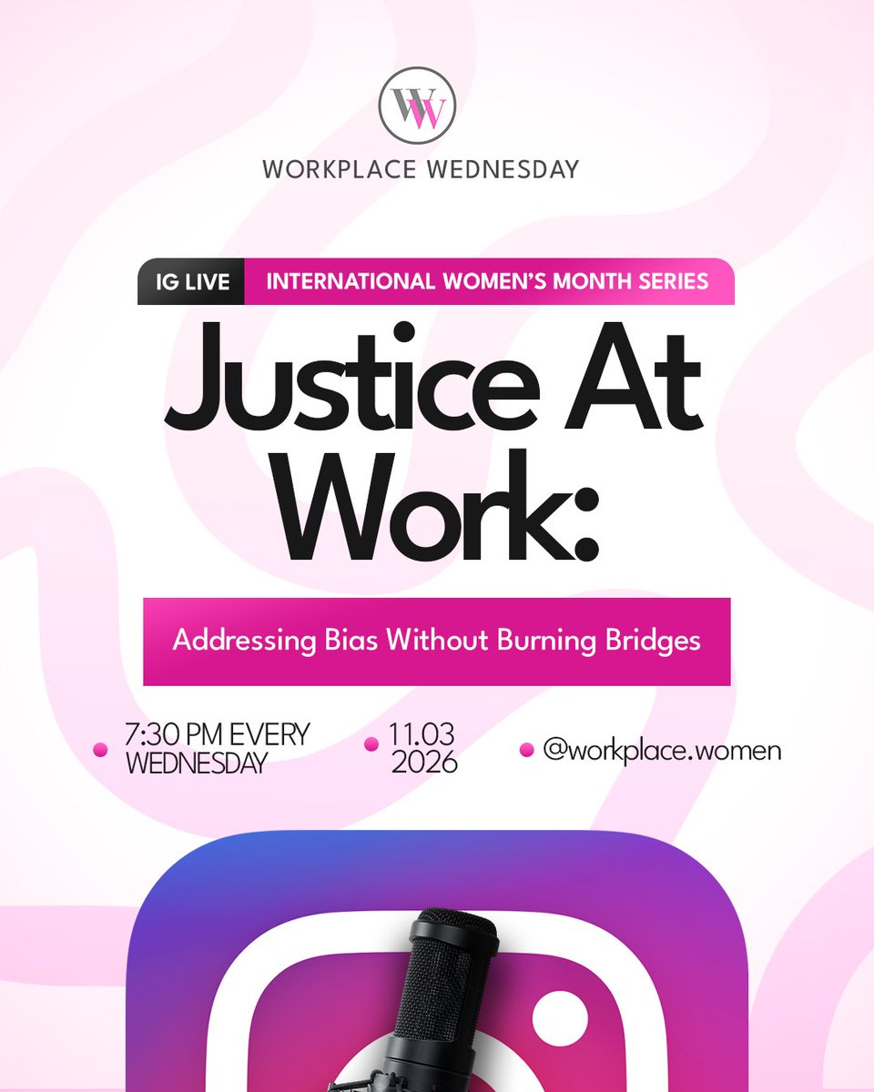 ThisWednesday on Workplace Wednesday, we are having a powerful conversation on: Justice At Work: Addressing Bias Without Burning Bridges; Learn practical ways to speak up, protect your voice, and maintain professionalism.

📍 IG Live: <a href="/workplace/">workplace</a>.women

🗓 Wednesday

⏰ 7:30 PM