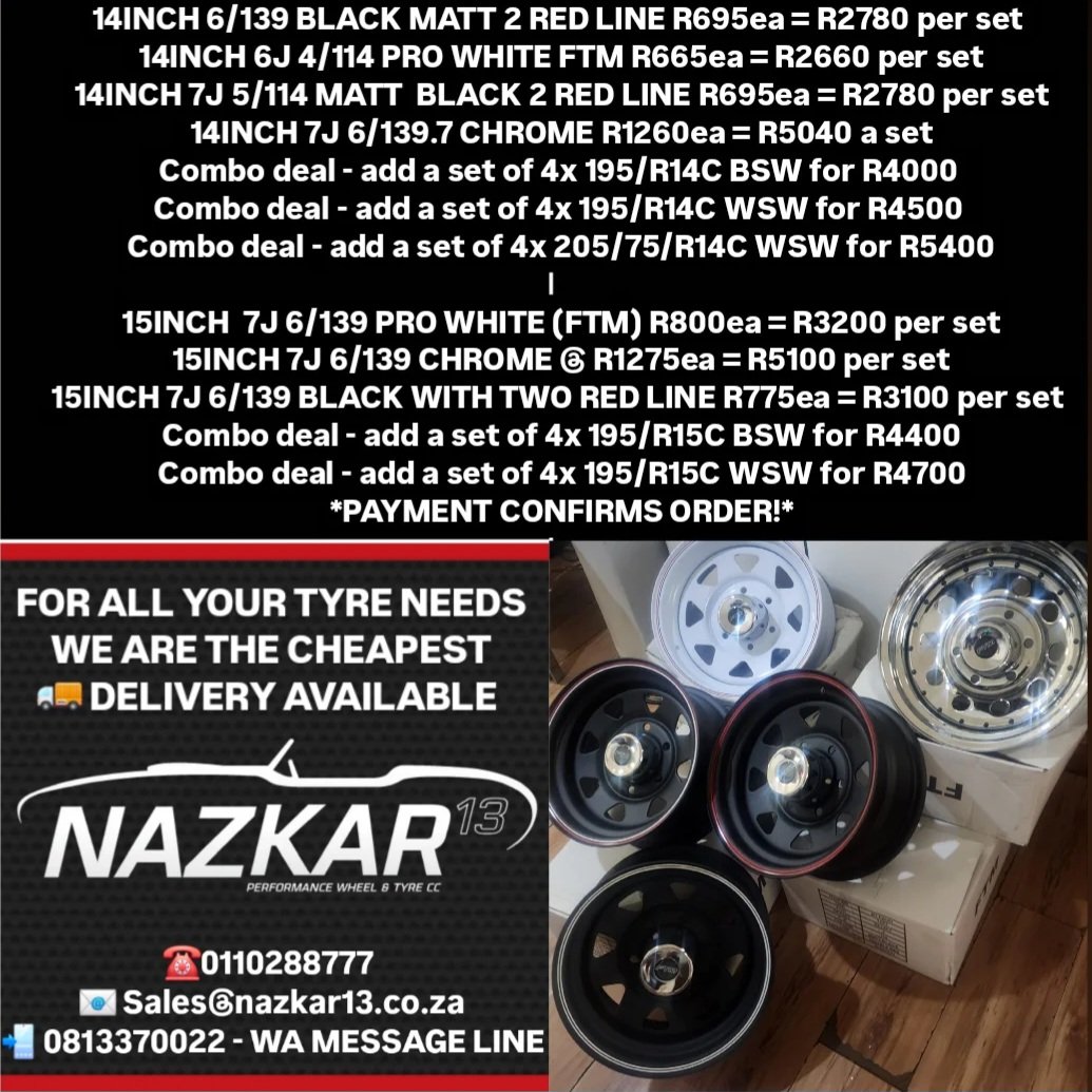 Nazkar13's tweet photo. FOR ALL YOUR TYRE NEEDS
WE ARE THE CHEAPEST
🚚 DELIVERY AVAILABLE 
☎️0110288777 📧 Sales@nazkar13.co.za
📲 0813370022 - WHATSAPP MESSAGE LINE

#tyre #tires #taxi #lowestprices #sale
#YouNeedThis #NazKar #NazKar13PerformanceWheelAndTyre https://t.co/zUcs9pS930