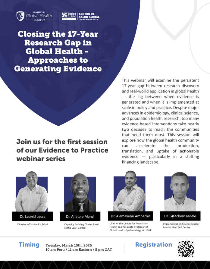 ughe_org's tweet photo. Starting shortly

#UGHE’s LEAP Centre, in partnership with the Centre for Global Health at Socios En Salud, presents a six-part webinar series exploring what it truly takes to close the gap between evidence, policy, and equitable health care delivery at scale.

🕔 5 PM CAT | 10 AM Peru
Join us here:  https://t.co/aOsqJddqe1