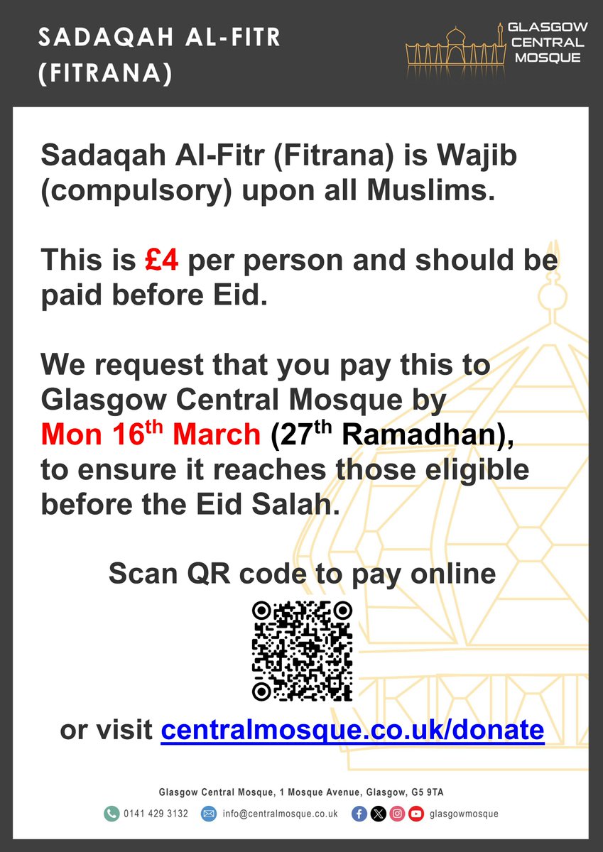GlasgowMosque's tweet photo. GCM - Sadaqah al-Fitr (Fitrana) https://t.co/b1fYQ8mXaE