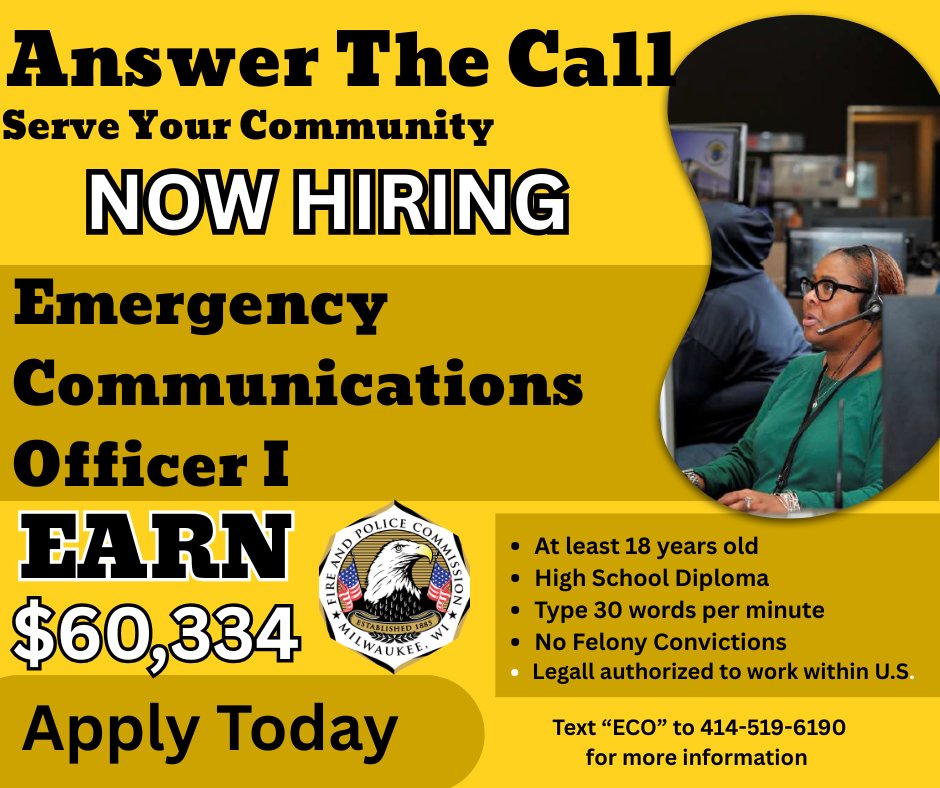 MilwaukeeFPC's tweet photo. Our Emergency Communication Officer (ECO) position is now open for applications! We encourage any qualified individuals to complete an application:

https://t.co/htu6XJiapL https://t.co/BSNJIMd1Pc