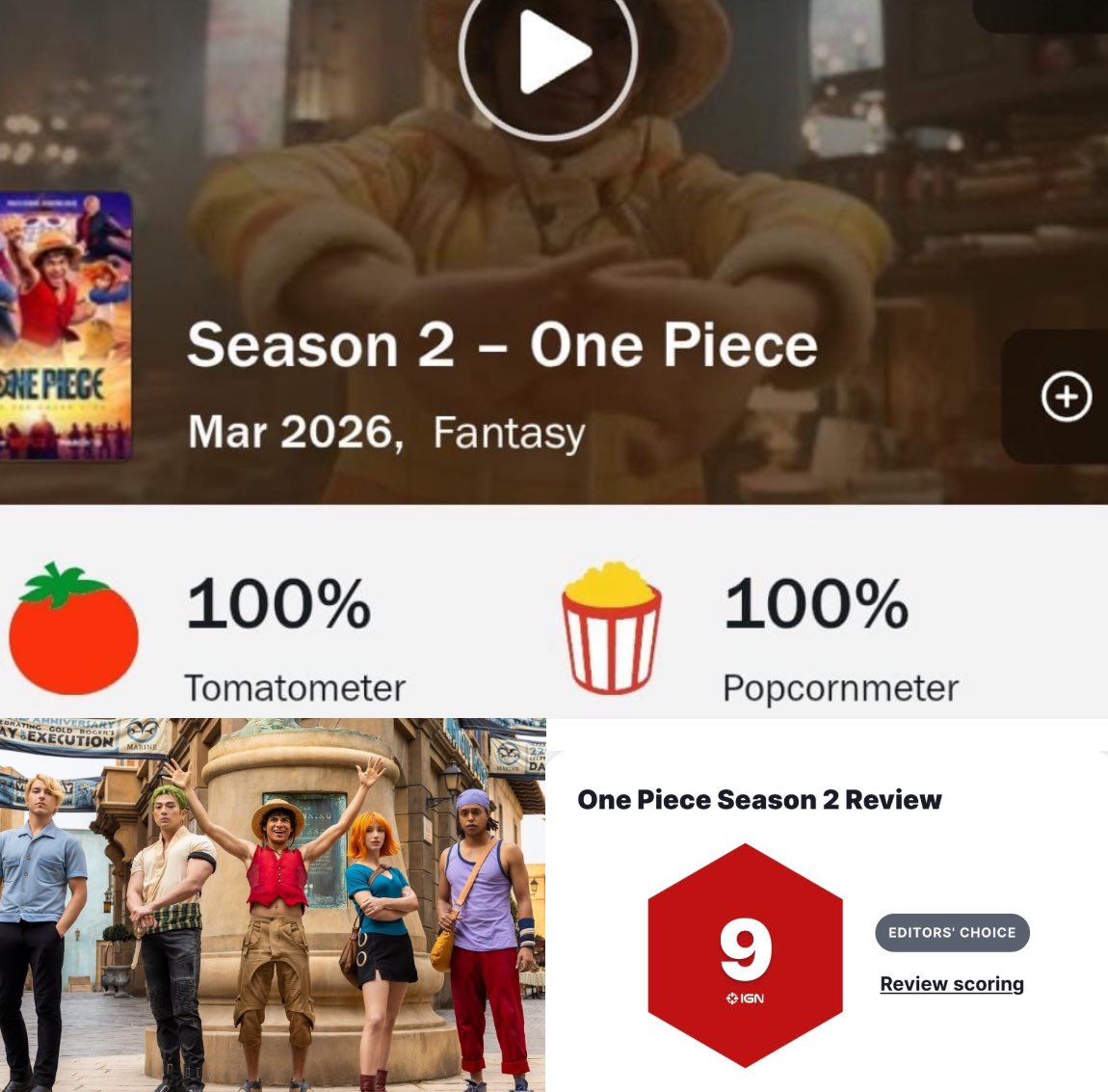 Never would’ve expect a live action version of One Piece to be getting a 100% on Rotten Tomatoes and a 9/10 on IGN but here we are