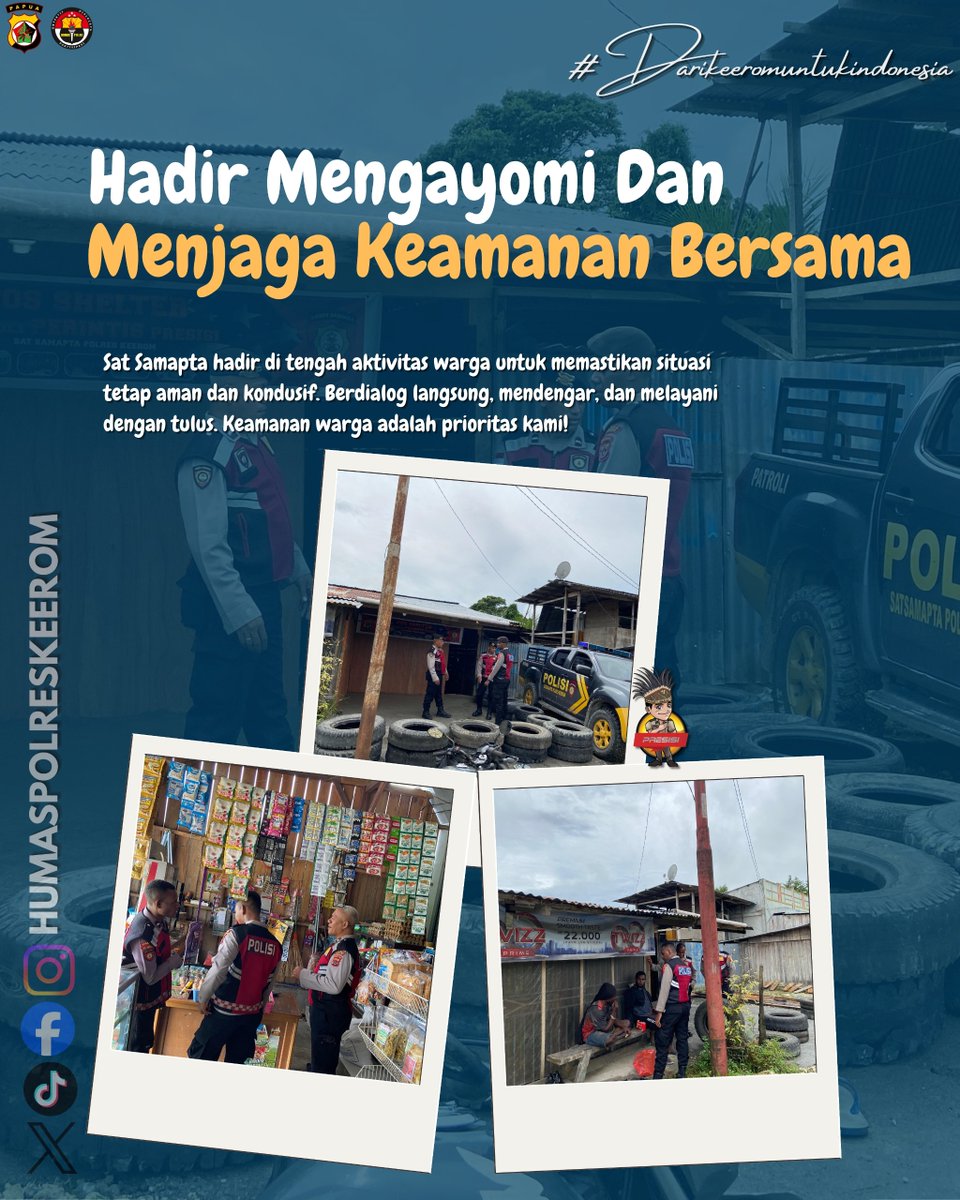 Hadir Mengayomi, Menjaga Keamanan Bersama.

Sat Samapta Polres Keerom terus berkomitmen menghadirkan rasa aman melalui patroli dialogis di tengah aktivitas masyarakat. Dengan menyapa langsung dan mendengarkan keluh kesah warga, kami memastikan situasi Kamtibmas  tetap kondusif.