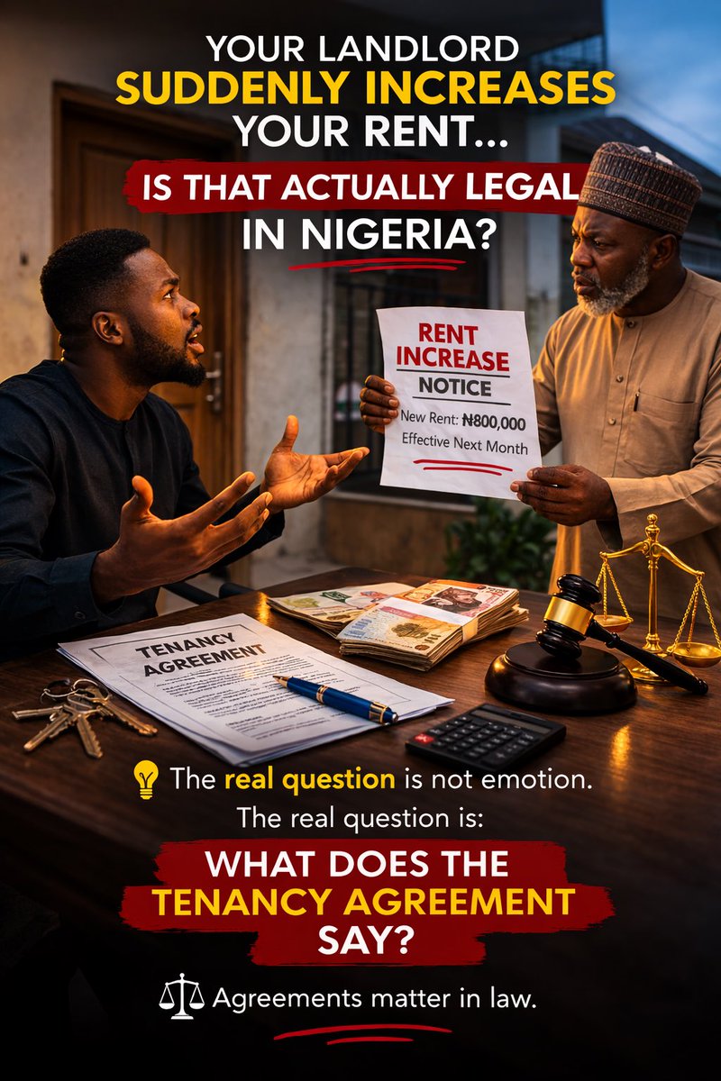 Nigerianlawplug's tweet photo. Many tenants in Nigeria believe landlords can increase rent anytime.

But rent is part of a tenancy agreement.

Which means the real question is simple:
What does the agreement say about rent review?
A landlord usually cannot just change rent in the middle of an existing tenancy. https://t.co/NydsgZtmLE