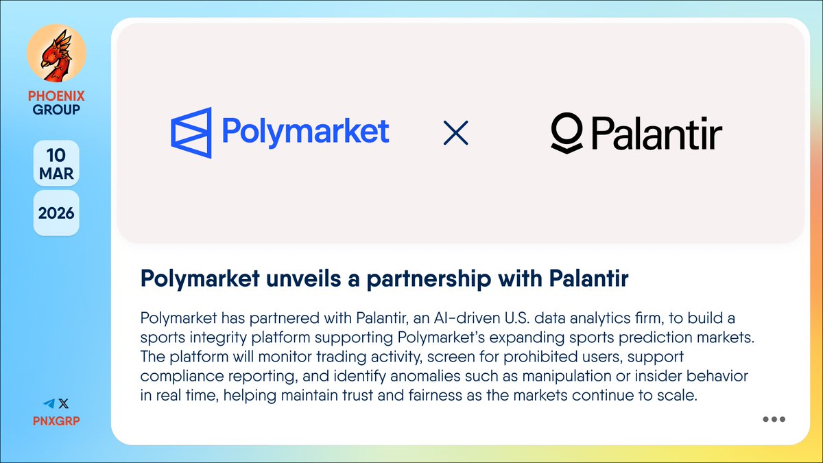 pnxgrp's tweet image. 🤝 @Polymarket unveils a partnership with @PalantirTech

#Polymarket has partnered with #Palantir, an AI-driven U.S. data analytics firm, to build a sports integrity platform supporting Polymarket’s expanding sports prediction markets. The platform will monitor trading activity,