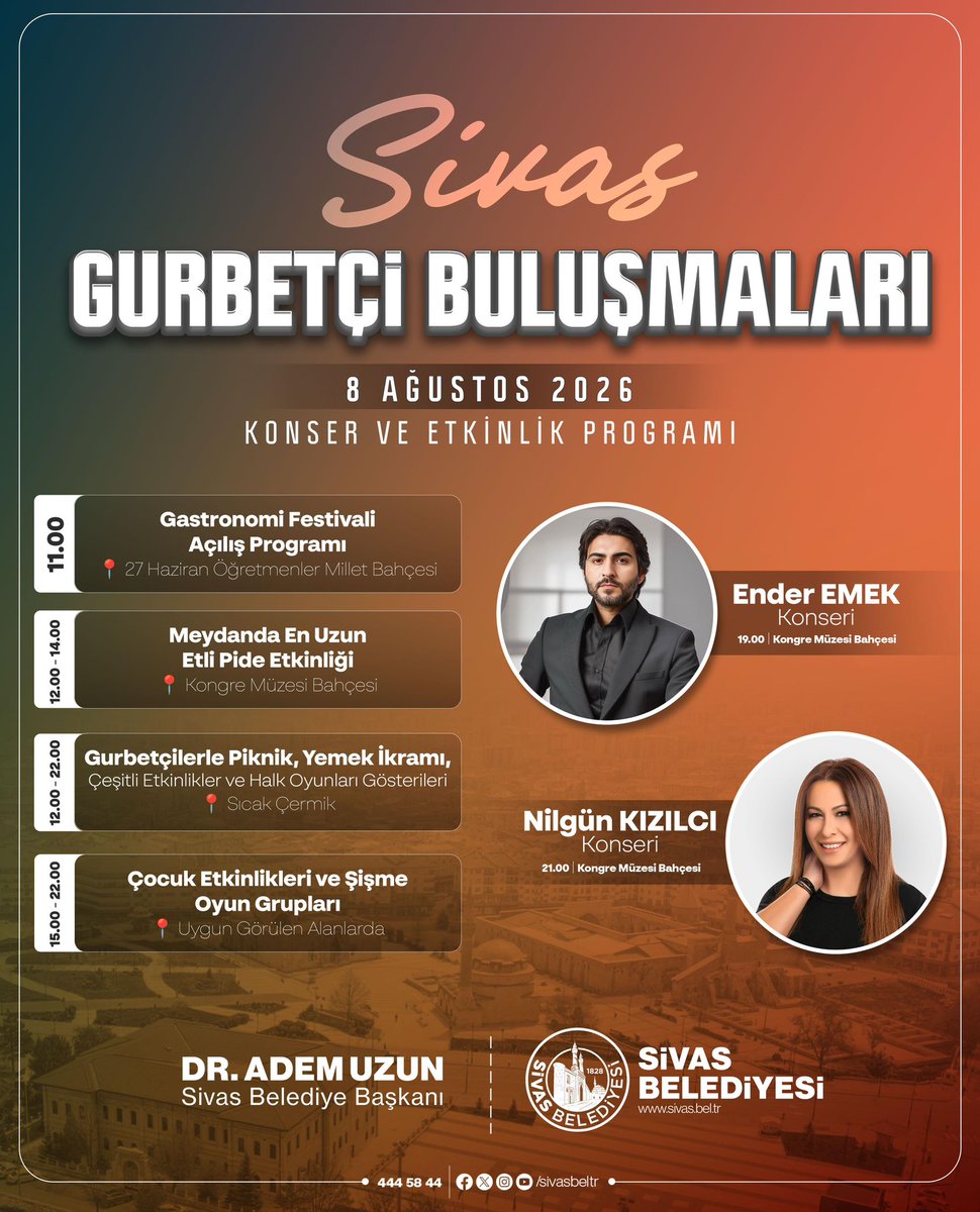 sivasbeltr's tweet photo. Gurbet ile sılanın en güzel buluşması Sivas’ta yaşanacak. ❤️

Gurbetçi Buluşmaları ve Gastronomi Festivali; konserlerden kültürel etkinliklere, yöresel lezzetlerden çocuk etkinliklerine kadar dopdolu bir programla sizleri bekliyor. 🍽️🎉🎶

Tüm hemşehrilerimizi bu güzel buluşmaya davet ediyoruz. 👋🏻

Memleket çağırıyor, #Sivas’ta buluşalım...🇹🇷