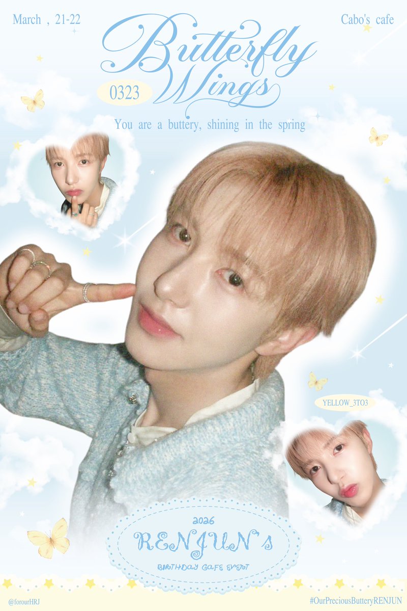 forourHRJ's tweet photo. 𝟐𝟎𝟐𝟔 𝐑𝐄𝐍𝐉𝐔𝐍'𝐬 𝐛𝐢𝐫𝐭𝐡𝐝𝐚𝐲 𝐜𝐚𝐟𝐞 𝐞𝐯𝐞𝐧𝐭

♡ when i see you (🦊) ,  
my heart trembles like 𝘣𝘶𝘵𝘵𝘦𝘳𝘧𝘭𝘺 wings . . . .  ໒꒱ྀི 

🧁 @Cabo_cafe 
🗓️ 21-22 March, 2026
⏰ 09:00-18:30

walk-in only !

#OurPreciousButterflyRENJUN
#RENJUN #런쥔 https://t.co/ibmgtjcy0f