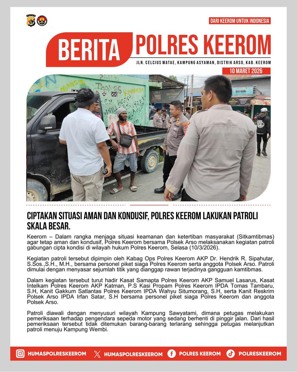 Ciptakan Situasi Aman dan Kondusif, Polres Keerom lakukan Patroli Skala Besar.
