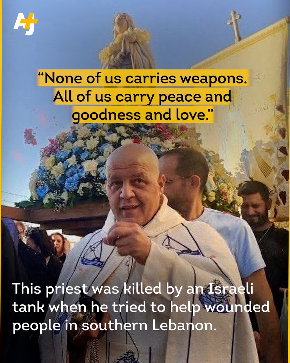 ajplus's tweet photo. Israeli tankfire struck this priest’s house in southern Lebanon. He rushed to help people who had been wounded – the tank fired again and killed the priest.

Pierre al-Rahi previously said that he carried no weapons, and he refused to leave his home in the village of Qlayaa. https://t.co/2ZIgMJMIIF