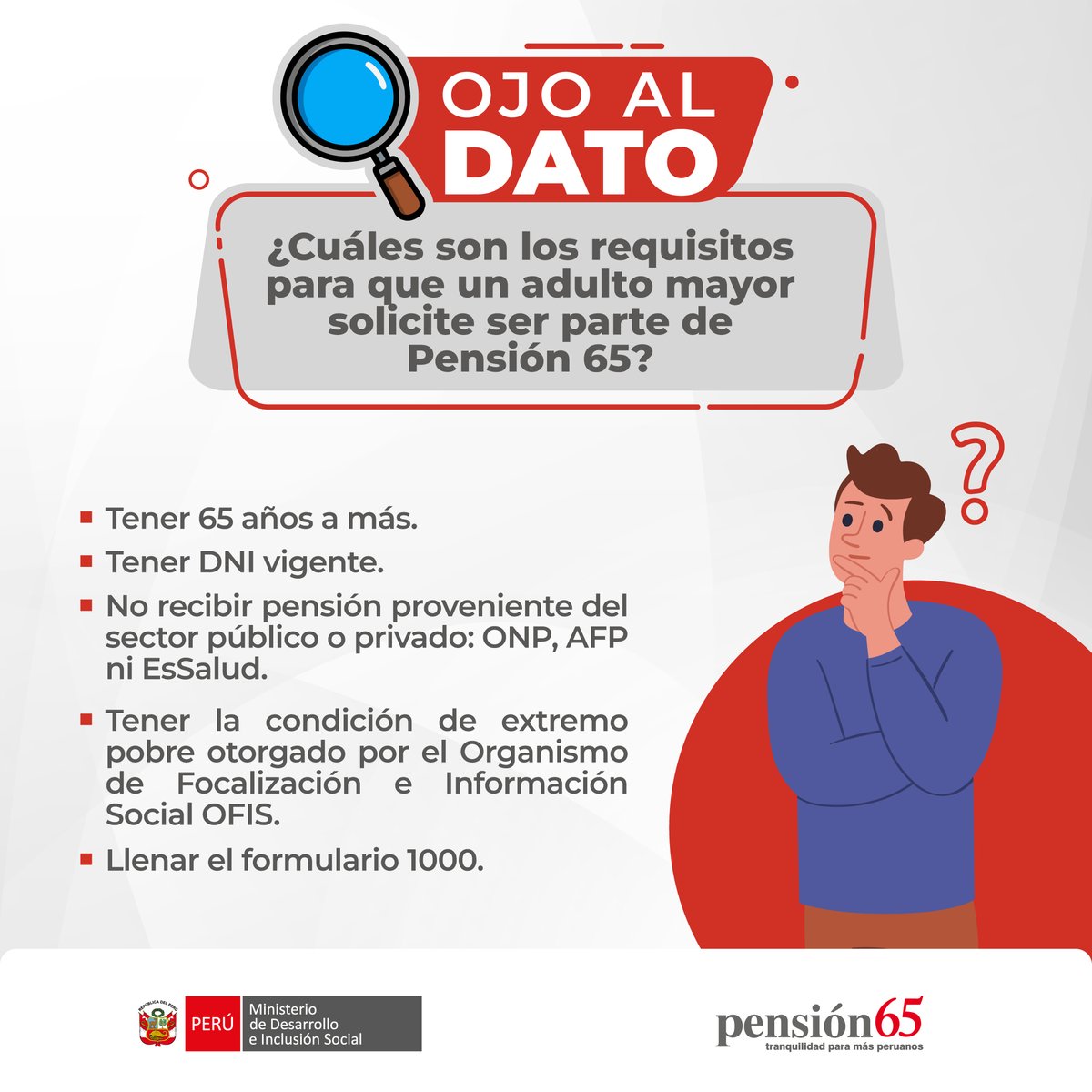 MIDIS_Pension65's tweet photo. 🤔 ¿Conoces a un adulto mayor que podría ser parte de Pensión 65?
En esta gráfica te contamos de forma clara cuáles son los requisitos para solicitar el ingreso al programa y acceder a la subvención económica.
🔎 Más información en nota de prensa aquí https://t.co/1F6hns3URG https://t.co/oLC7Lrr9Zc
