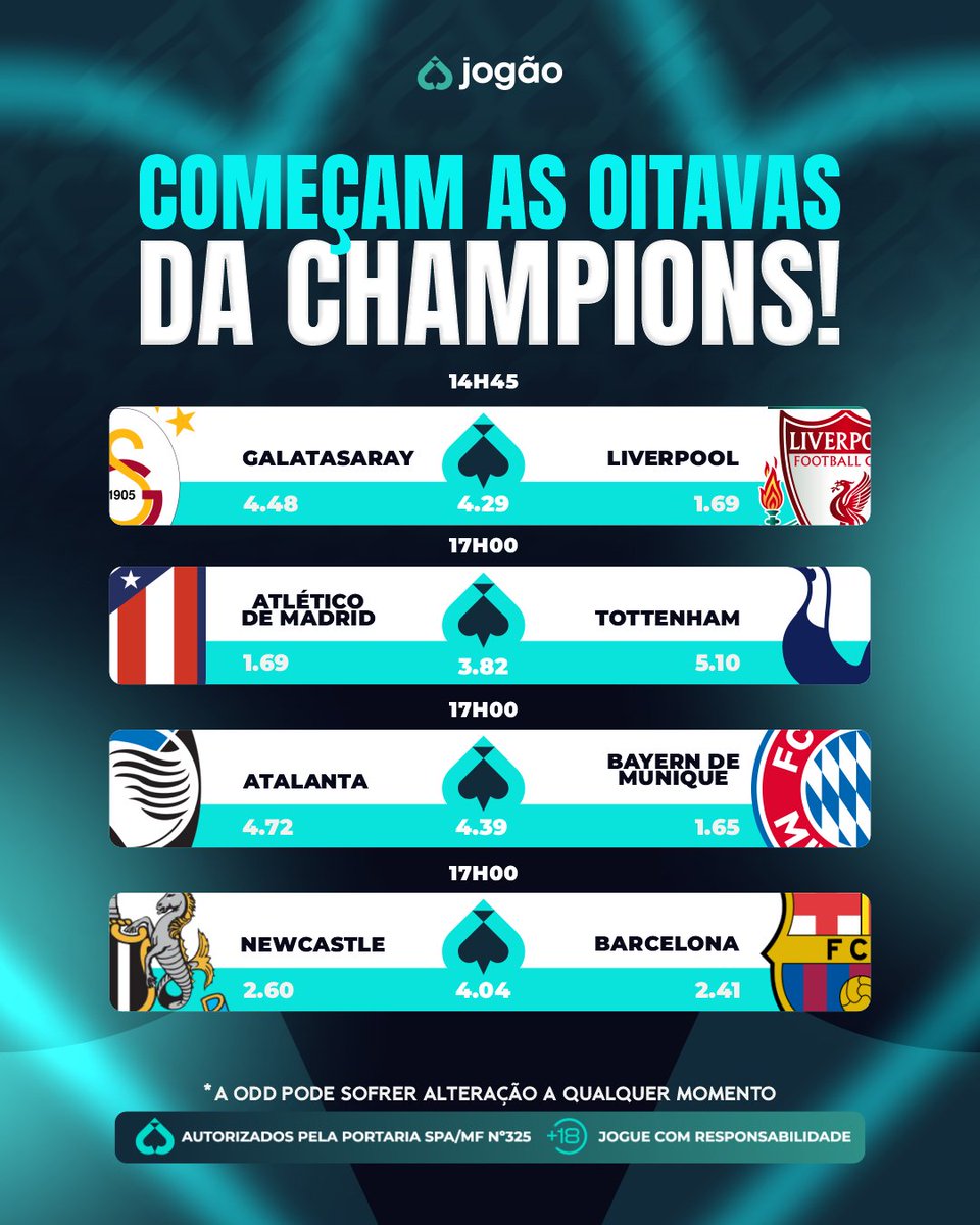 jogaobet's tweet photo. 🌍 A MELHOR COMPETIÇÃO DO MUNDO ESTÁ DE VOLTA!

Começa hoje as oitavas de final da Champions League, com gigantes do futebol europeu em campo.

A partir de agora, qualquer erro pode custar a temporada!

VEM COM A JOGÃO 🩵
https://t.co/7AHFzFdl2m

🔞 | Jogue com responsabilidade. https://t.co/smbHpSNqjz