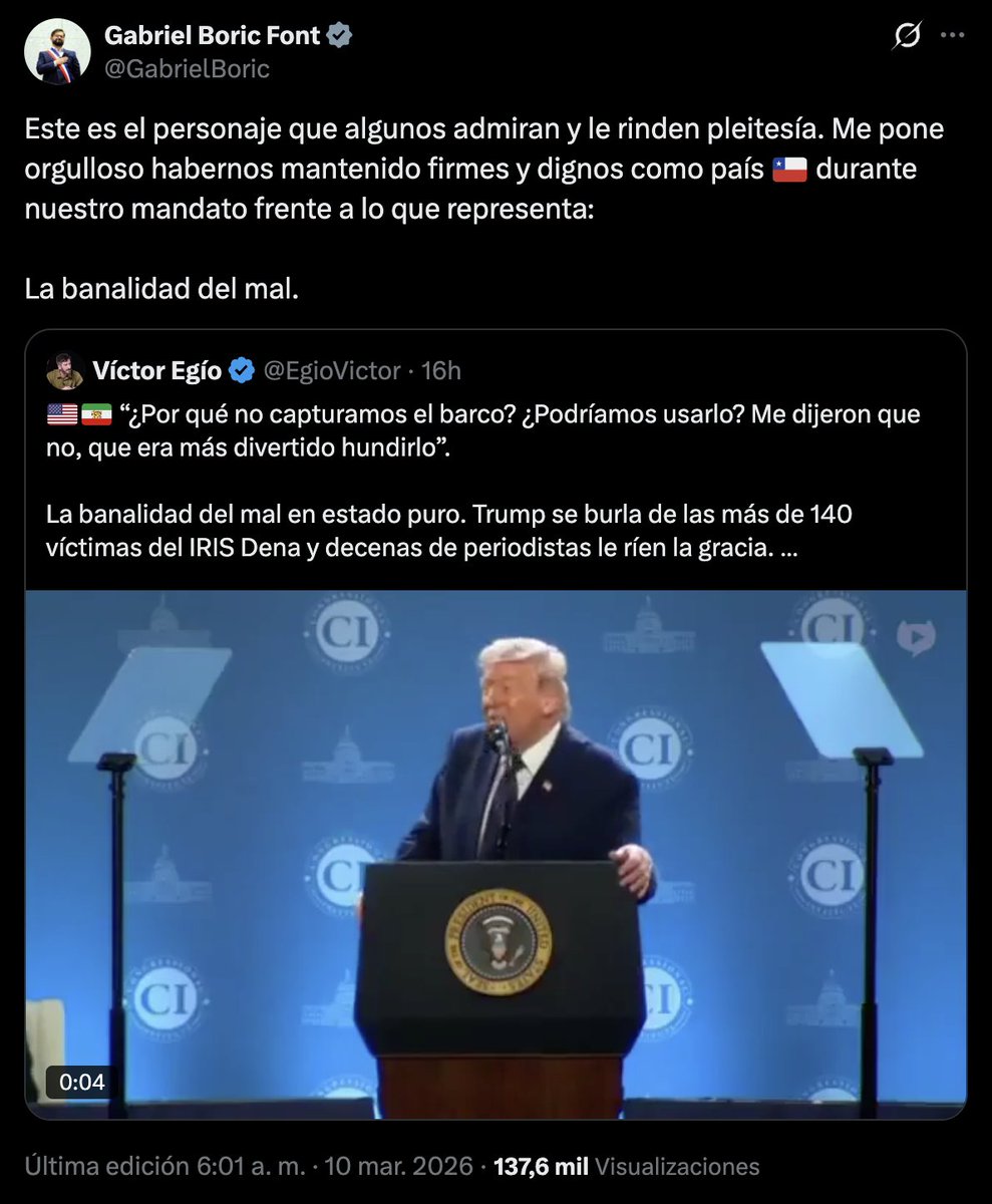 🔥⚠️ Boric se lanza vs Trump por burlarse del ataque a fragata iraní

El presidente de Chile, <a href="/GabrielBoric/">Gabriel Boric Font</a>, criticó al mandatario de EUA, <a href="/realDonaldTrump/">Donald J. Trump</a>, luego de que se burlara de las más de cien víctimas del buque IRIS Dena. El mandatario chileno festejó que durante su