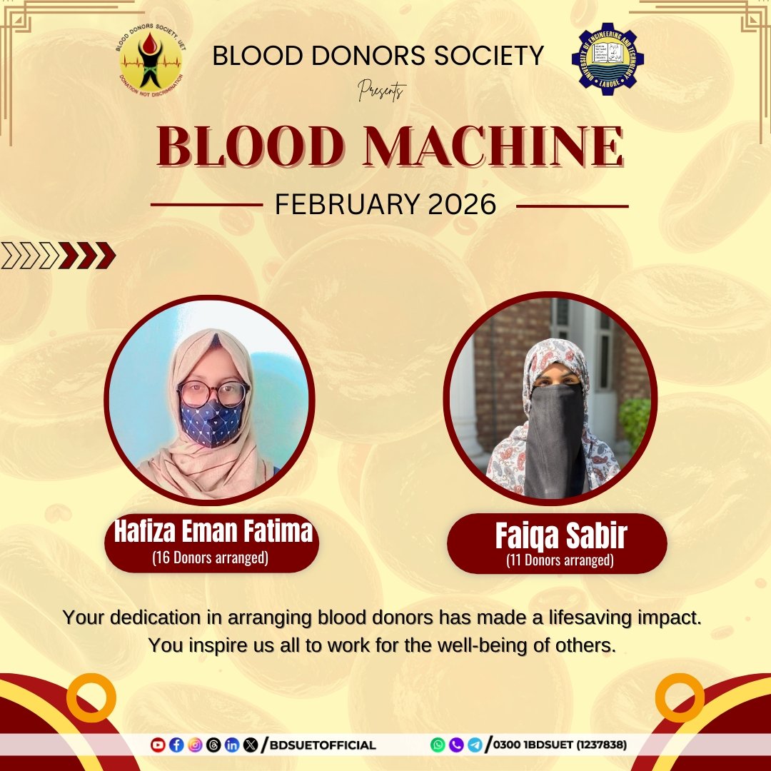 uetbdsOfficial's tweet photo. <<< Blood Machine – February 2026 >>>

This February, Hafiza Eman Fatima and Faiqa Sabir turned coordination into compassion, connecting donors with patients and leaving a lasting impact. 

#BloodDonorsSociety #BloodHeroNovember #SaveLives
#BDSUET #DonateBloodSaveLives #UETLahore https://t.co/uJR7LWNW0B