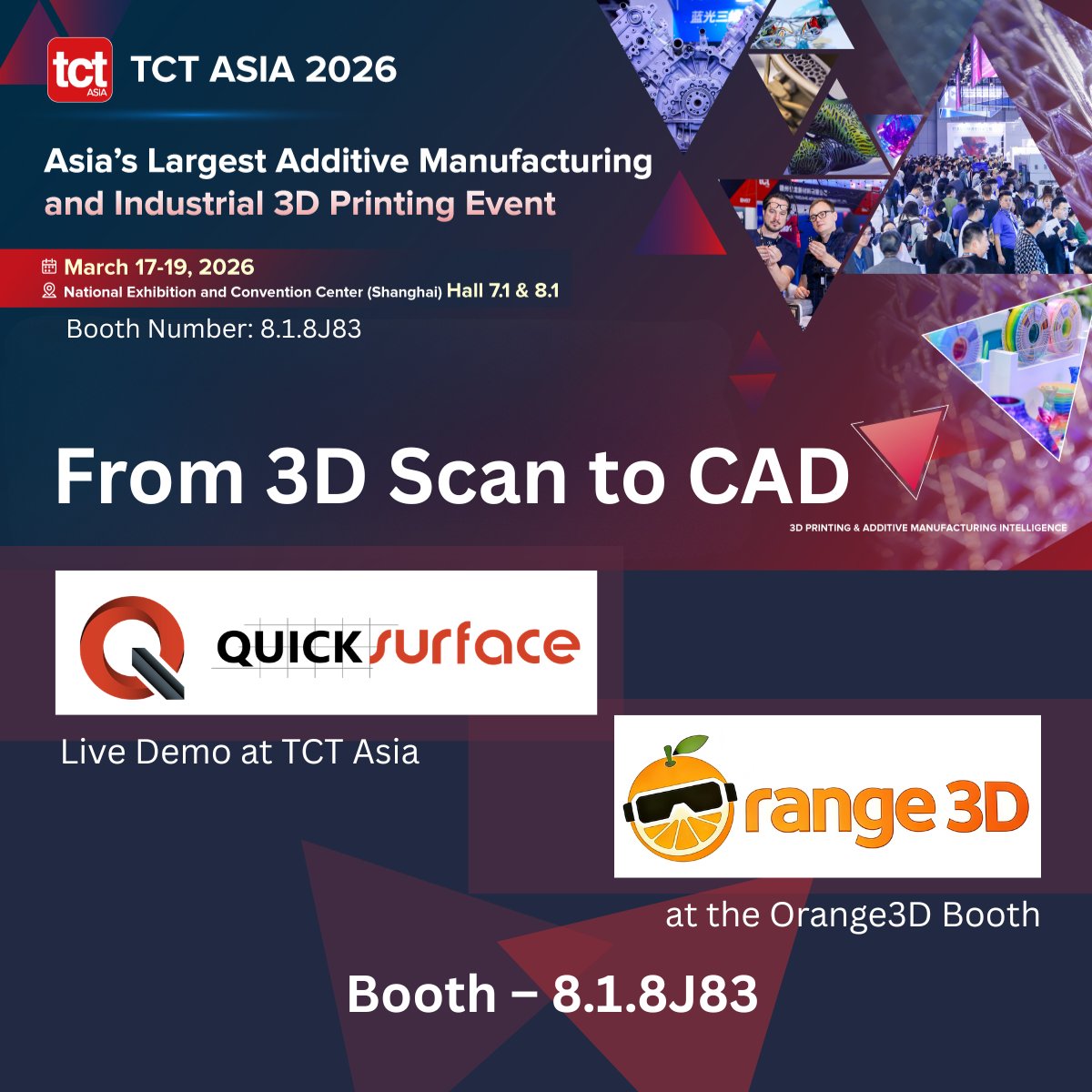 QUICKSURFACE will be presented at TCT Asia 2026 in Shanghai through our partner Orange3D.

📍 Booth 8.1.8J83
📅 March 17–19, NECC Shanghai
Meet Chris Dryden from QS → contact@quicksurface.com

#TCTAsia #3DScanning #ReverseEngineering #ScanToCAD #quicksurface