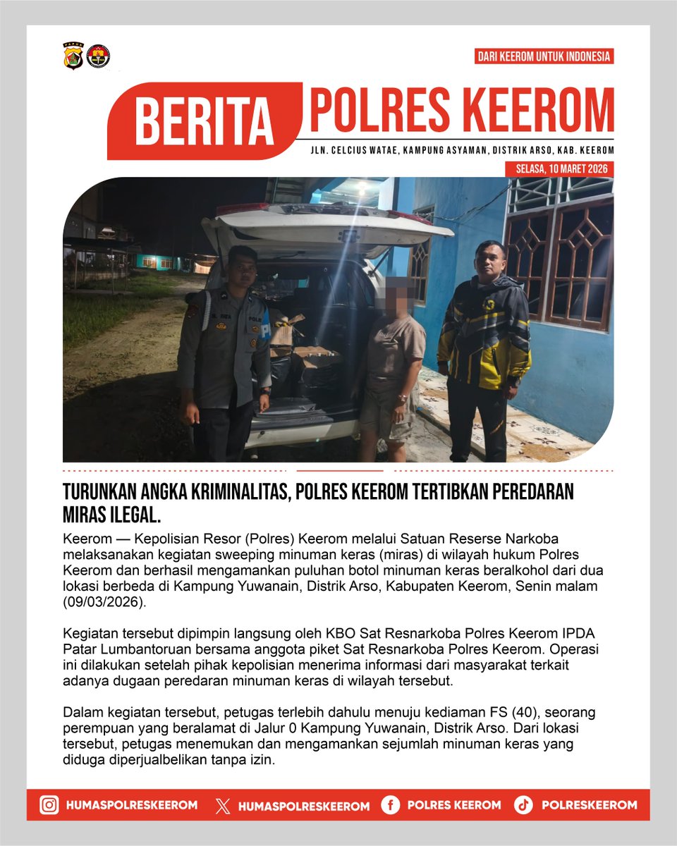 Turunkan Angka Kriminalitas, Polres Keerom Tertibkan Peredaran Miras Ilegal.