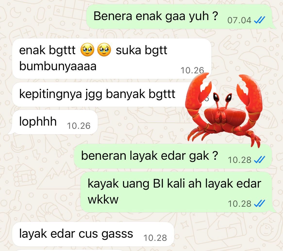 yassdd_'s tweet photo. Lebaran udh tinggal ngitung hari lagi nih. Yuk kepitingnya masih open yaa, yg tertarik lgsg dm atau wa  aja yaa 🦀✨

Kabar baik jg buat yg diluar sby, skrg udh bisa dikirim ke alamat kalian. Pengiriman by paxel yaa 💃🏻 https://t.co/wQDyufk6w6