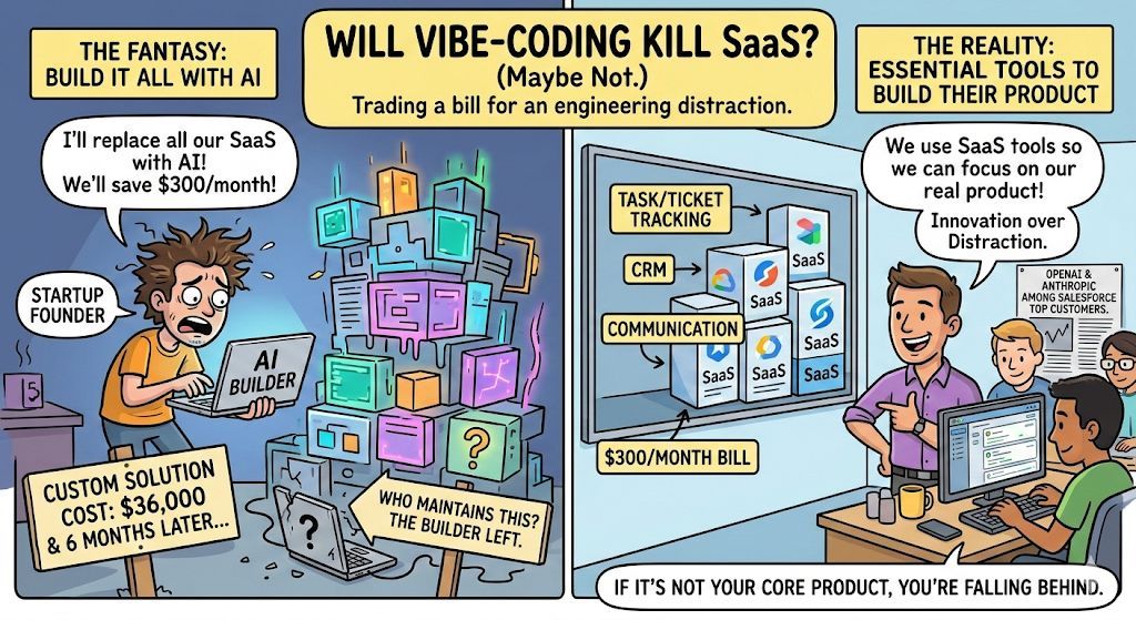 Will vibe-coding kill SaaS? No it won't. And here's why.

Marc Benioff just revealed that OpenAI and Anthropic are among Salesforce's top customers this quarter.

Think about that for a sec.

The companies building the AI that's supposed to "replace SaaS" are themselves paying