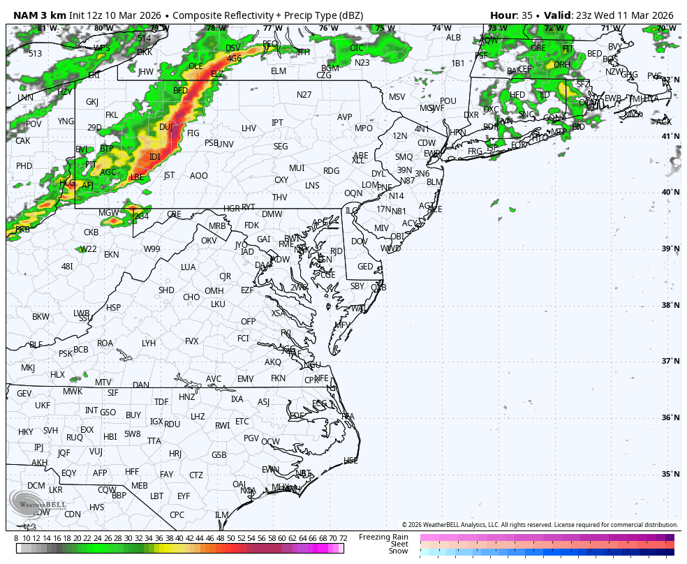 Notice between three different models at the same time frame (Wed 7PM) we have three very different solutions. A few stray storms could be possible just because of how unstable the air may become on Delmarva. 

A better chance of showers and storms arrives overnight / Thursday!