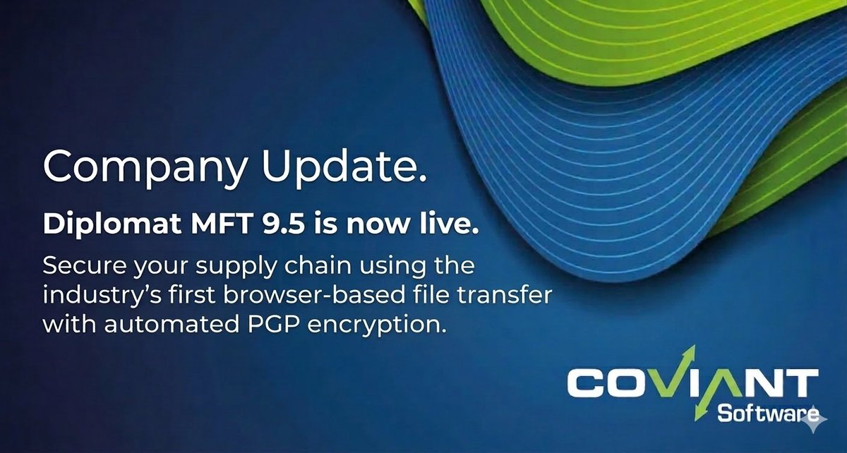 coviantsoftware's tweet photo. New: Diplomat MFT 9.5 automates PGP encryption for browser-based file transfers, and we're the only MFT vendor with this capability!

Secure partner uploads, no extra tools. Read more: https://t.co/726XC207uq 

#CyberSecurity #ManagedFileTransfer #PGP #InfoSec #DataProtection https://t.co/LPrshgYmMk