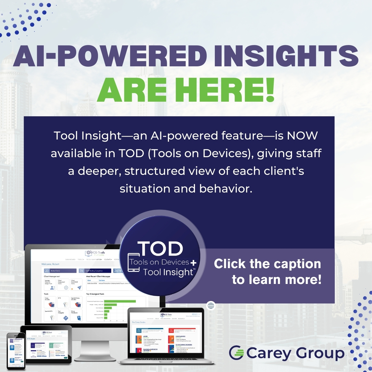 Carey__Group's tweet photo. Tool Insight turns client-written responses into structured insights that support better conversations and coaching. 

Get your TOD subscription and access Tool Insight today! https://t.co/CfQd9LnDRt

#AI #CriminalJustice #JuvenileJustice #EBP #Corrections https://t.co/nVqXBhqNip