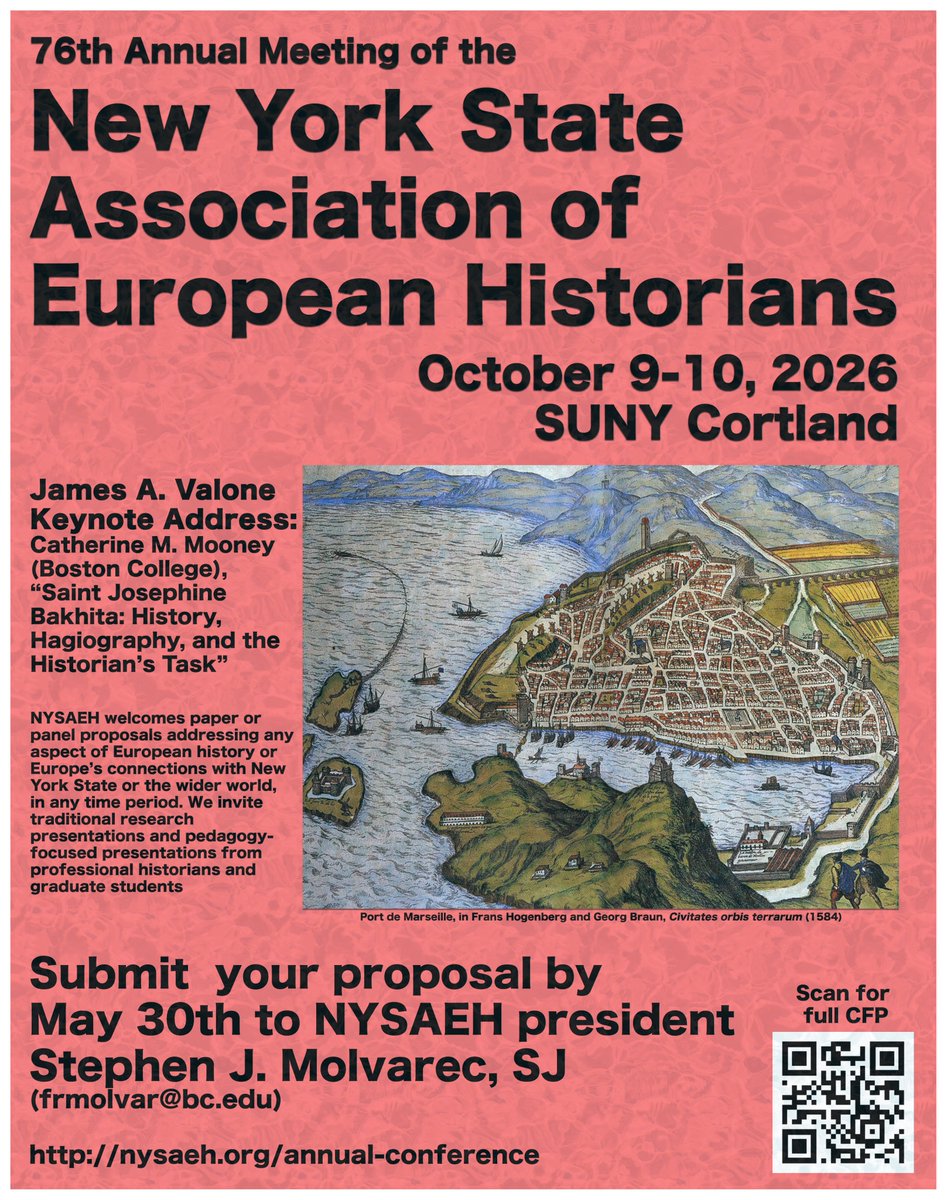 NYSAEH's tweet photo. CFP: 76th Annual Meeting of the New York State Association of European Historians, Oct 9-10 at SUNY Cortland. Submit your proposal by May 30! https://t.co/YCEcMVt1rN #history https://t.co/V2387M5HjV