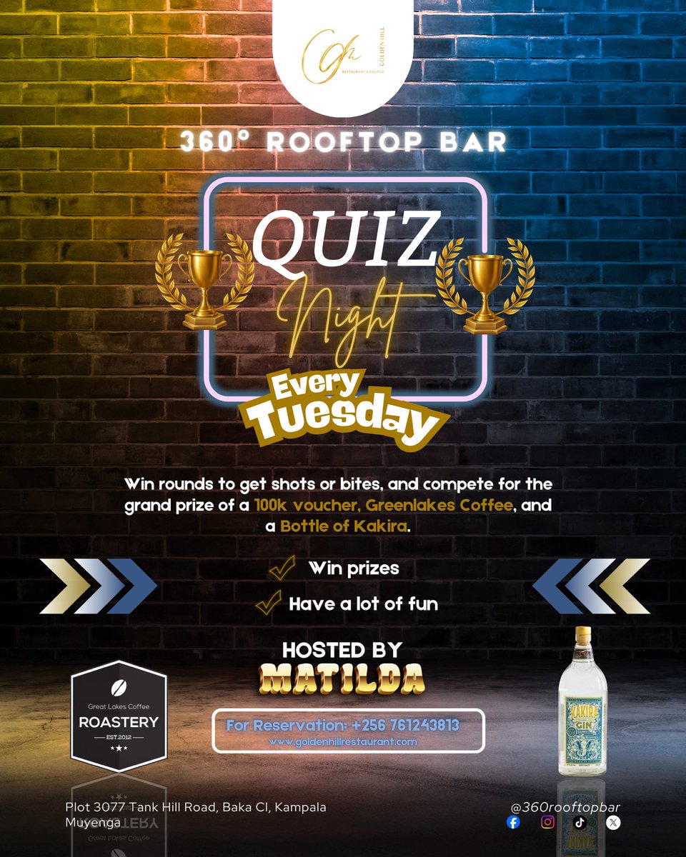 360rooftopbar's tweet photo. Quiz Night &amp; Karaoke every Tuesday! 🏆🎤
Bring your crew, test your knowledge, sing your favorite songs, and win exciting prizes.

Hosted by Matilda.

📍 360° Rooftop Bar
📞 +256 761 243 813 https://t.co/EBhaqbP02k