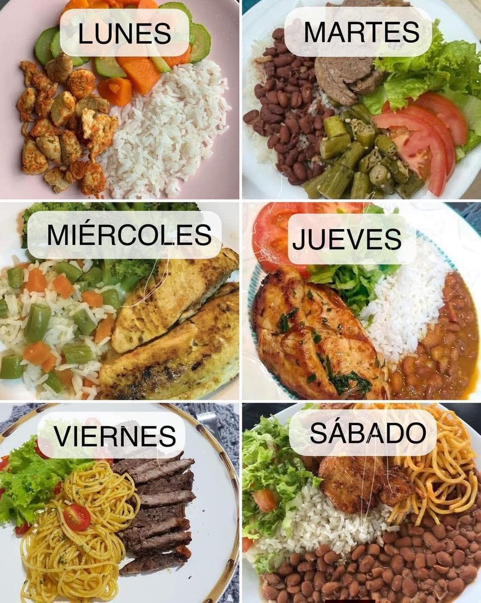 Comidas semanales
Lunes
-Pollo
-Arroz
-Ensalada

Martes
-Carne asada
-Frijol
-Ensalada

Miercoles
-Pescado
-Arooz
-Ensalada

Jueves
-Pechiga
-Arroz
-Frijol
-Ensalada

Viernes
-Carne asada
-Pasta
-Ensalada

Sabado
-Pechuga
-Arroz
-Pasta
-Ensalada