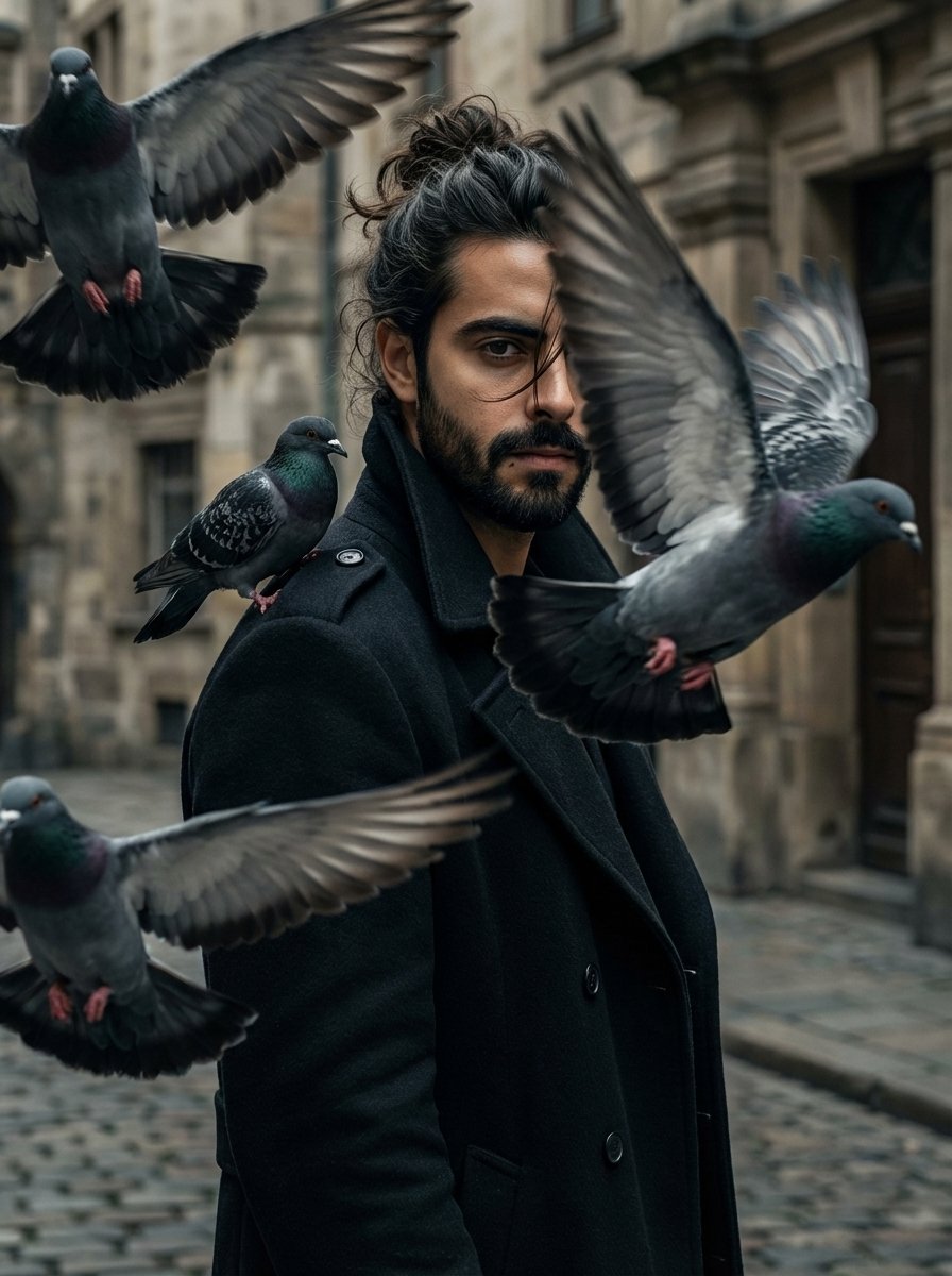 Between shadows, stone streets, and restless wings.

Nano Banana 2 • 

Prompt - 

48k Hyper-realistic, A cinematic portrait of a young man(keep the facial features unchanged as uploaded image), his hair is messy manbun over the eye ,in a long dark trench coat, surrounded by