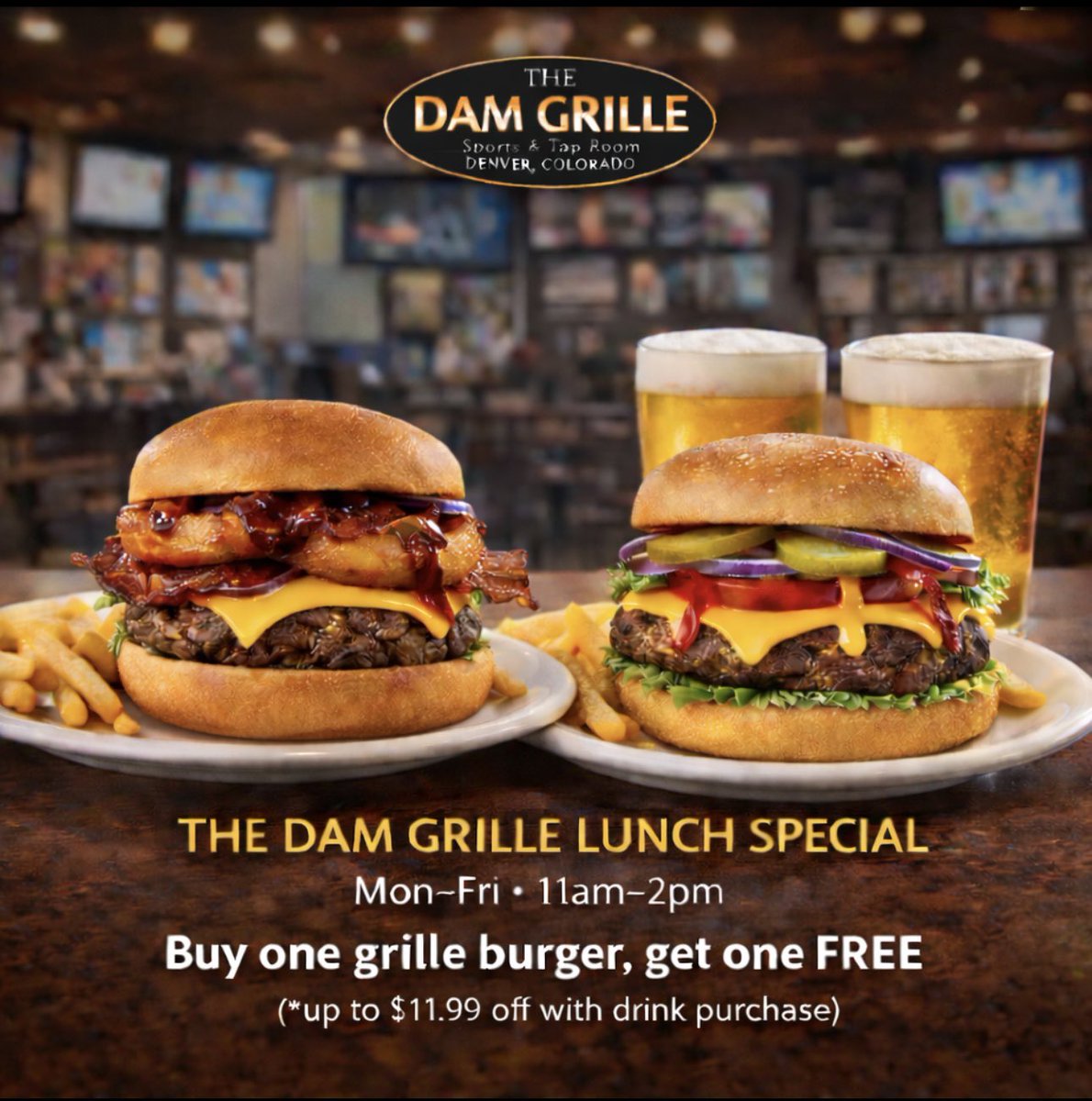 TheDamGrille's tweet photo. Tuesday lunch plan: bring a friend. 🍔🍺
Buy one grille burger, get one FREE
(with drink purchase)
Mon–Fri • 11–2 at The Dam Grille.
#DenverEats #DenverSportsBar #WeekdaySpecials https://t.co/oVBEcH0KmN