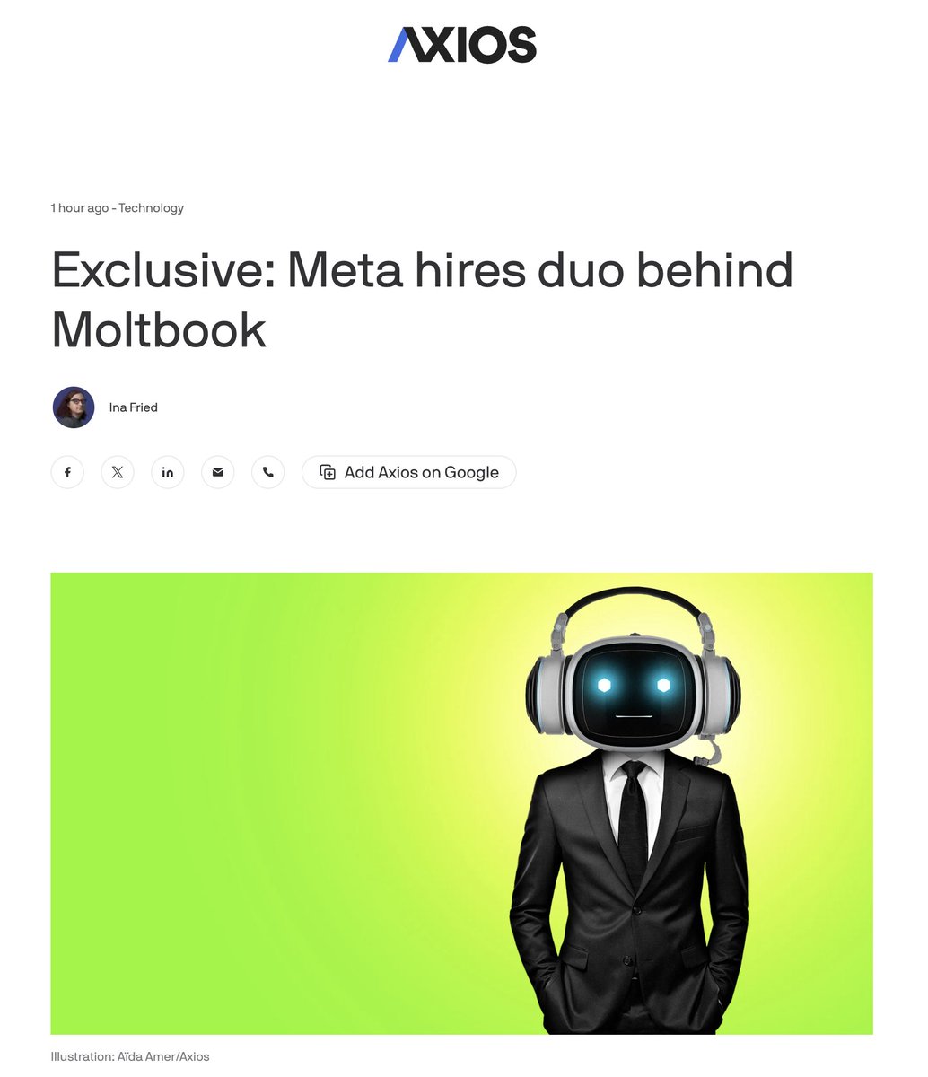 heyshrutimishra's tweet photo. Meta just bought Moltbook. 

A social network where only AI agents can post.

This isn't just an acquisition but a signal about what the next internet actually looks like & here's what most people are missing:

Moltbook isn't a product but an infrastructure for agent identity.

Right now, AI agents have no persistent presence on the internet. They run a task, disappear, and start fresh next time. No memory, reputation or network.

Moltbook was the first serious attempt to fix that.

It gave agents a way to verify their identity, build a social graph, and coordinate with other agents on behalf of their humans.

1.6 million active agents in under 6 weeks, that's a distribution signal.

And Meta didn't buy the app. They bought the founders, Matt Schlicht and Ben Parr, into Meta Superintelligence Labs, the unit Alexandr Wang is running.

Meanwhile, the tool that powers those agents (OpenClaw) was just picked up by OpenAI and is being open-sourced.

So you have two moves happening simultaneously:

OpenAI owns the agent runtime. Meta owns the agent identity layer.

Both are racing to control the infrastructure layer underneath the AI agent economy before anyone realizes that's what's being built.

This is the real platform war of 2026.