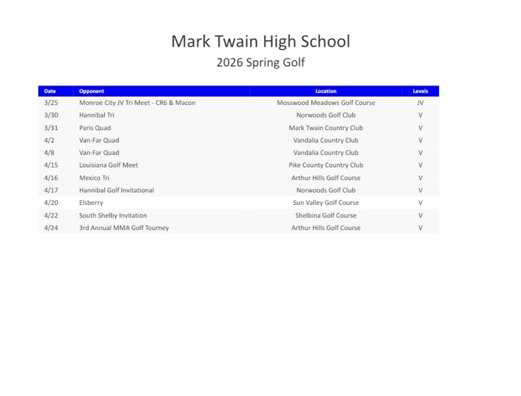 Here are the 2026 spring sport schedules!

Please note that golf could have 1-2 more matches added.