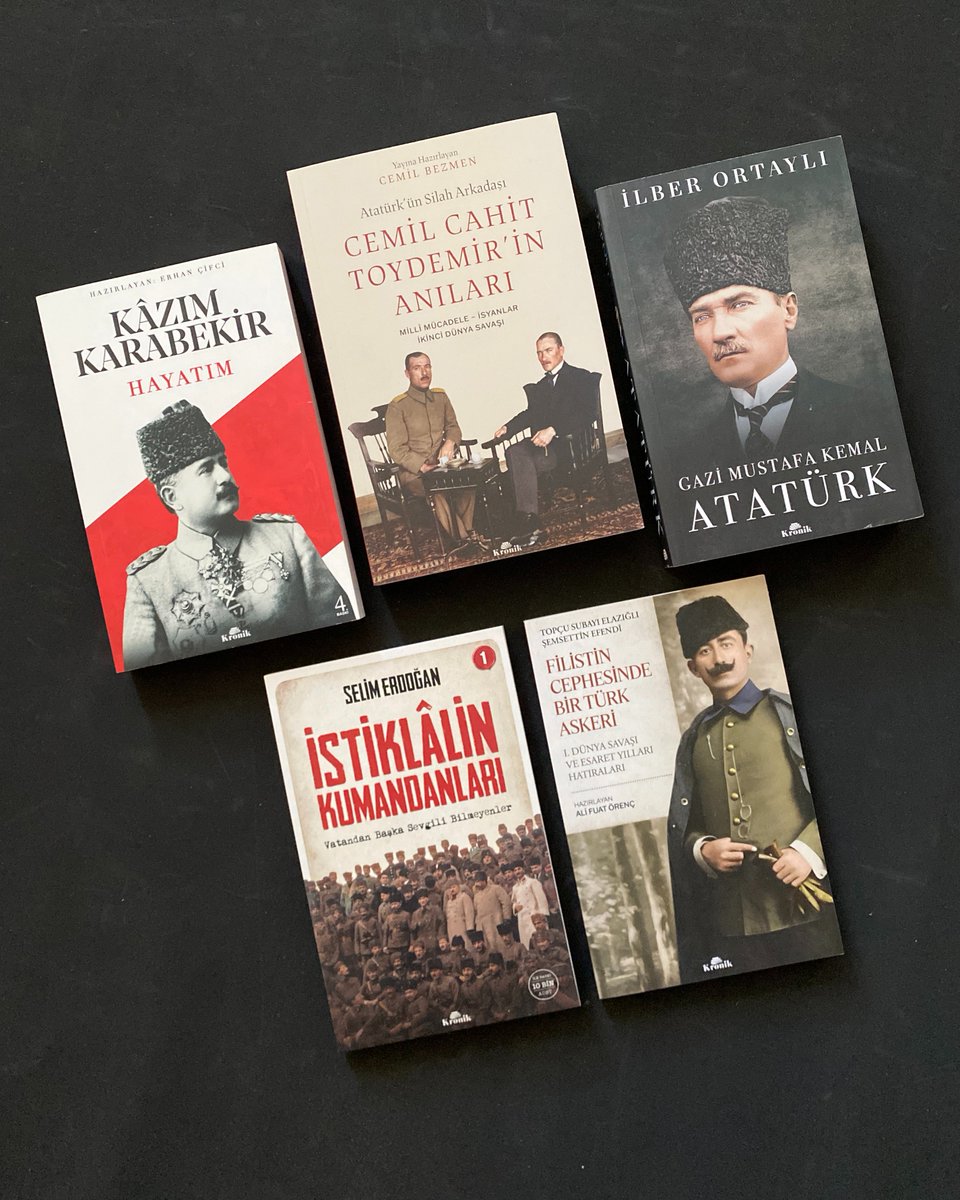 Atatürk Kitaplığından;

Cemil Cahit Toydemir'in Anıları - Cemil Bezmen
Atatürk - İlber Ortaylı
Hayatım - Kâzım Karabekir
İstiklalin Kumandanları - Selim Erdoğan
Filistin Cephesinde Bir Türk Askeri

🔗: kronikkitap.com/kategori/tarih…