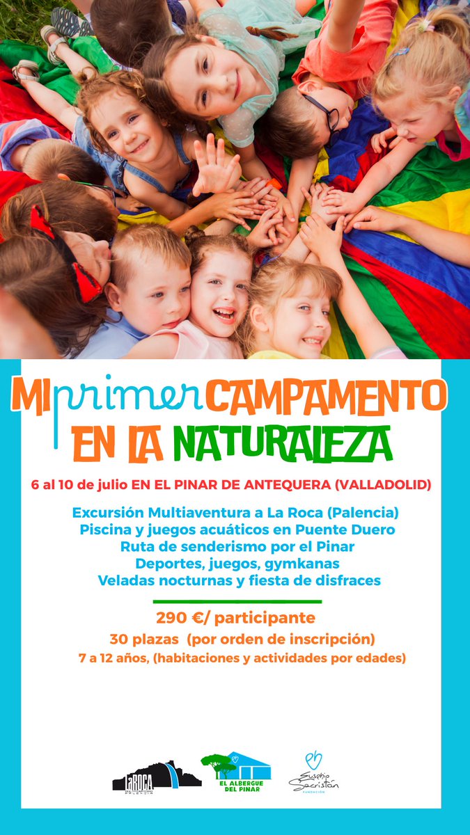 El Albergue del Pinar acogerá por segundo verano a los niños y niñas que salen de casa sin familia por primera vez. ¡Vuelve Mi primer Campamento en la Naturaleza!🫶🏼

Excursión Multiaventura a La Roca (Palencia), juegos acuaticos en la piscina de Puente Duero, senderismo por el