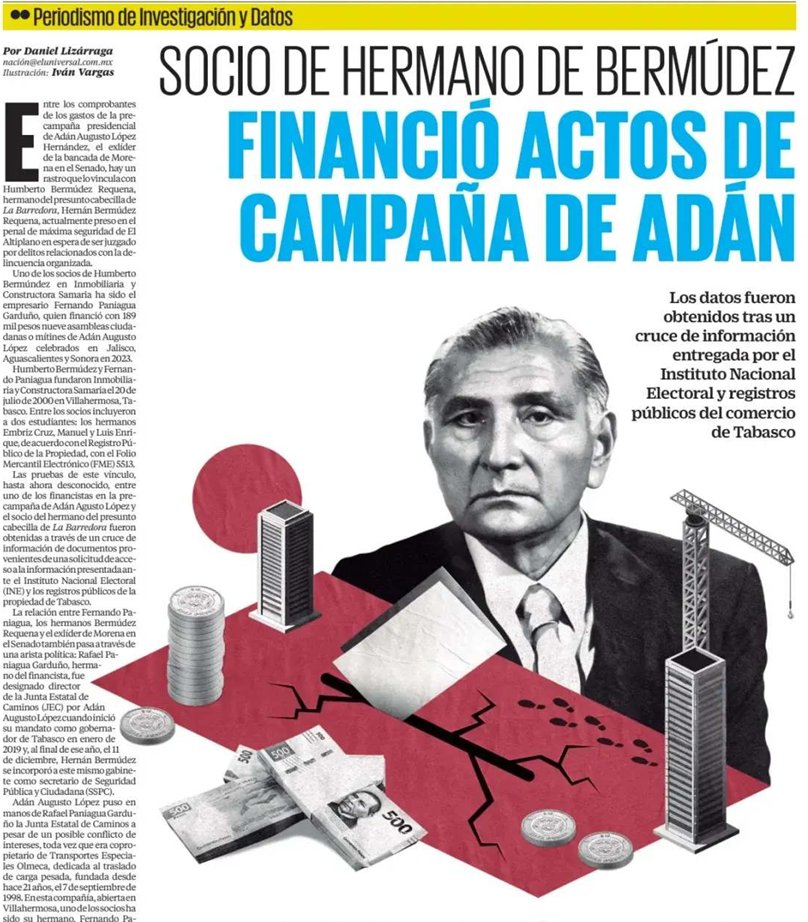 🗳️📌 NUEVO VÍNCULO ENTRE ADÁN AUGUSTO Y “LA BARREDORA”

Una investigación de <a href="/El_Universal_Mx/">El Universal</a> encontró un nuevo rastro financiero alrededor de Adán Augusto López.

El dato aparece en los reportes de gastos de su precampaña presidencial de 2023.

La época de las corcholatas.

Y es