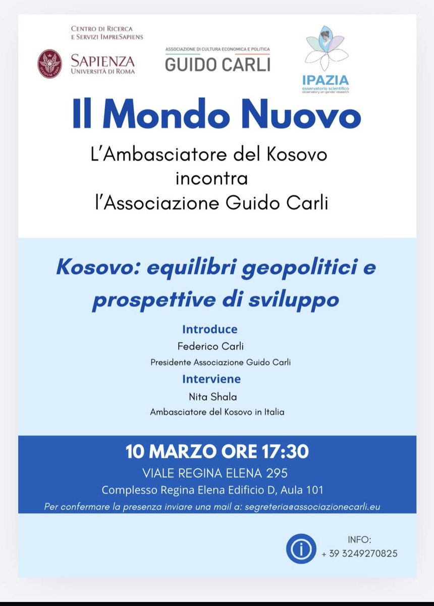 Nitashala's tweet photo. Today at Sapienza University of Rome, I am pleased to take part in the discussion “Kosovo: geopolitical balances and development prospects,” organized by Associazione Guido Carli. My thanks to Federico Carli and the organizers for the invitation.
#Kosovo #Sapienza #Geopolitics https://t.co/M264DI1epI