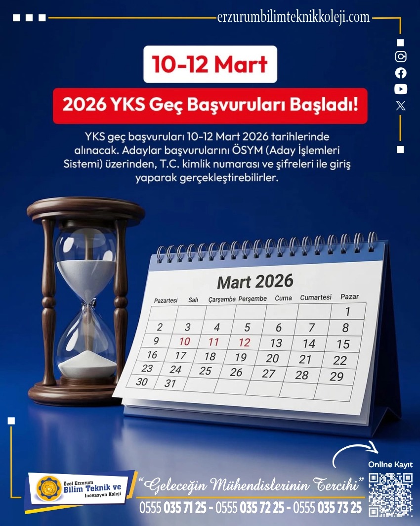 ErzurumBtk's tweet photo. 2026 YKS geç başvuru süreci başladı. 📢

Adaylar, 10-12 Mart 2026 tarihleri arasında işlemlerini gerçekleştirebilir.

Başvurular, ÖSYM Aday İşlemleri Sistemi (AİS) üzerinden T.C. kimlik numarası ve şifre ile yapılacaktır.

Geleceğin için önemli adımları zamanında at, başvurunu https://t.co/v4aBHegUPs