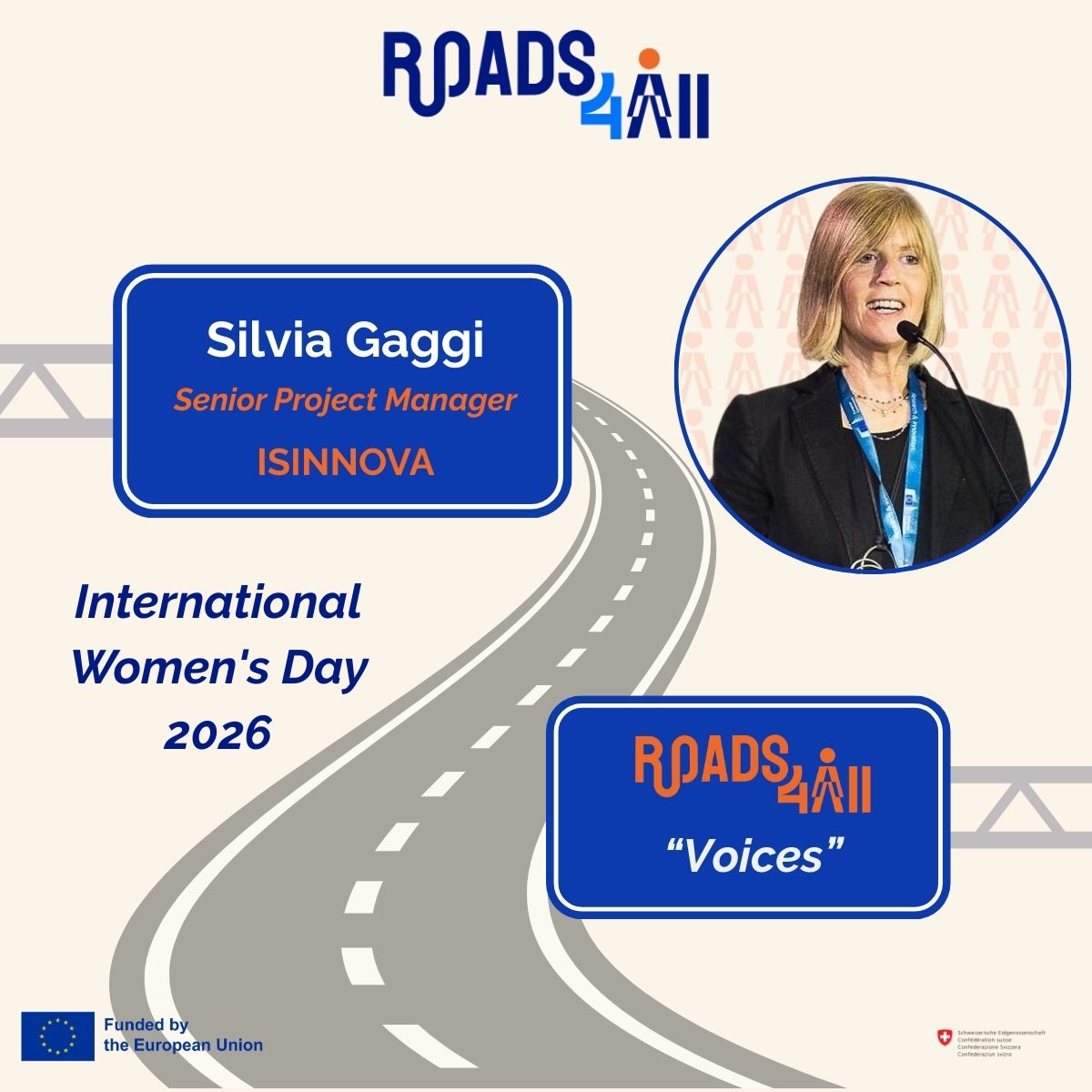 👩‍🎓 #IWD2026 | Women of Roads4All
Today we spotlight Silvia Gaggi from ISINNOVA.

💬 “In transport research, I challenge male-centric planning and bring a #female perspective to designing more #inclusive systems for everyone.”

🔗 roads4all.eu

#InternationalWomensDay