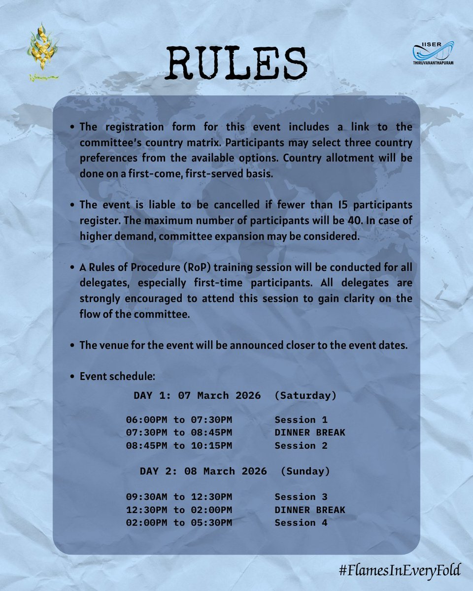 ishya_iiser's tweet photo. If you're someone into geopolitics and ready to debate out your insights with anyone who disagrees with you, this is your chance! Dress sharp,prepare your points and sign up for Model UN-the place that trains the future leaders of our generation.
#Ishya26 #MUN #FlamesInEveryFold https://t.co/rmIbEgkAI5