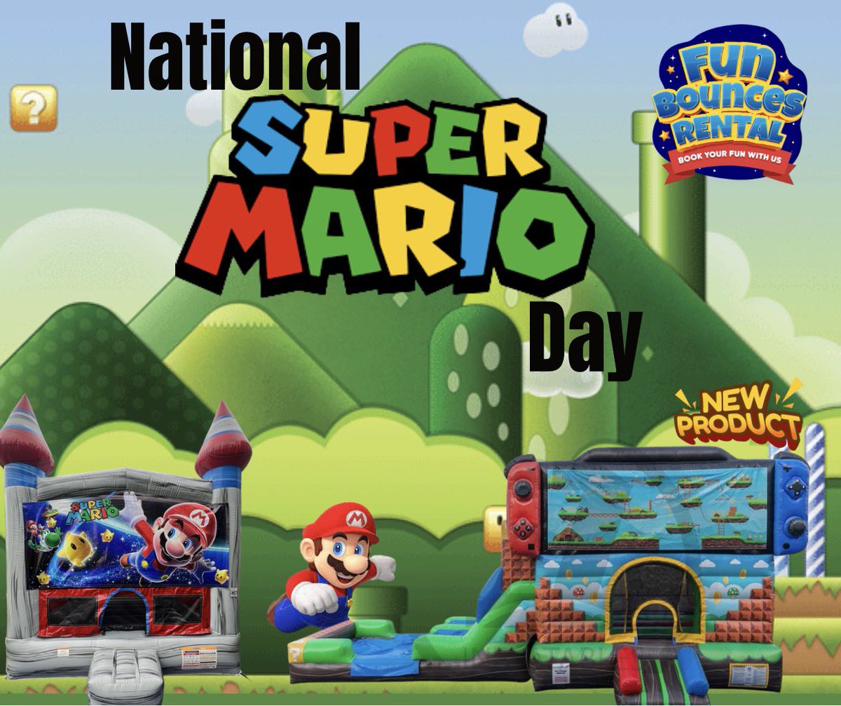 🎮🍄Happy National Super Mario Day!🏁
What better way 2 celebrate than leveling up the fun w/Fun Bounces Rental!
We R excited 2 announce a NEW unit added 2 our inventory a Bounce House w/Slide wet/dry Dual Lanes! Perfect 4 racing ur friends Mario Kart style competition 2 ur party