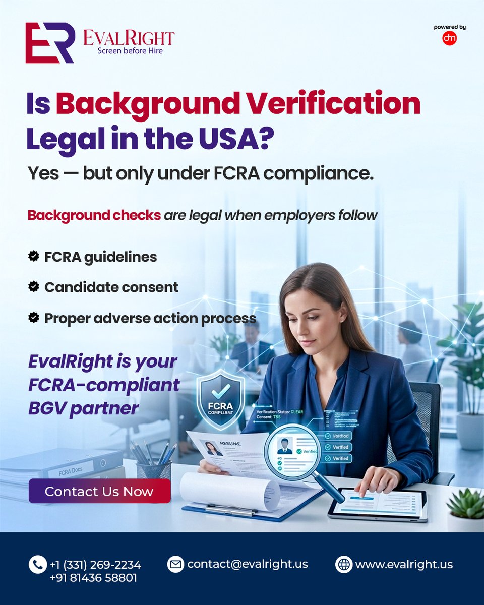 EvalRight's tweet photo. Is background verification legal in the USA?
Yes — when employers follow FCRA compliance, candidate consent, and proper adverse action procedures.
Partner with EvalRight for compliant background screening.
🌐 https://t.co/7rpIJRermZ
#BackgroundChecks #FCRACompliance #Employment https://t.co/LI2UETRzNg