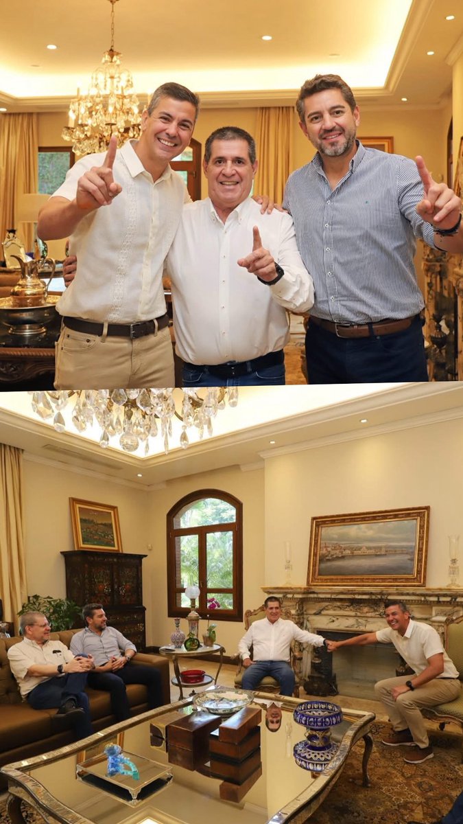 LaRed_Py's tweet photo. 🚨HAY HORACIO CARTES PARA RATO 

El presidente de la Asociación Nacional Republicana reapareció hoy en redes sociales en un encuentro con Santiago Peña, Pedro Alliana y Antonio Barrios.

HC: “Hoy en mi residencia, tuve una reunión de trabajo con el presidente de la República Santiago Peña y el vicepresidente Pedro Alliana. Dos grandes compañeros de camino. Estoy seguro que seguiremos dando mucho por el país”.
